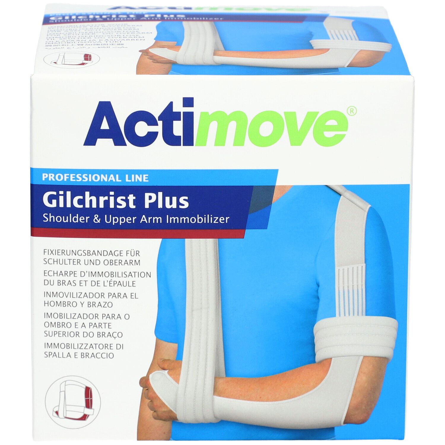 Actimove Gilchrist Plus, écharpe d'immobilisation. Boîte avec image du produit et personne le portant.