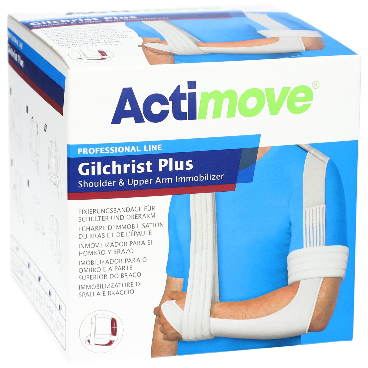 Actimove Gilchrist Plus, écharpe d'immobilisation. Boîte avec image du produit et personne le portant.