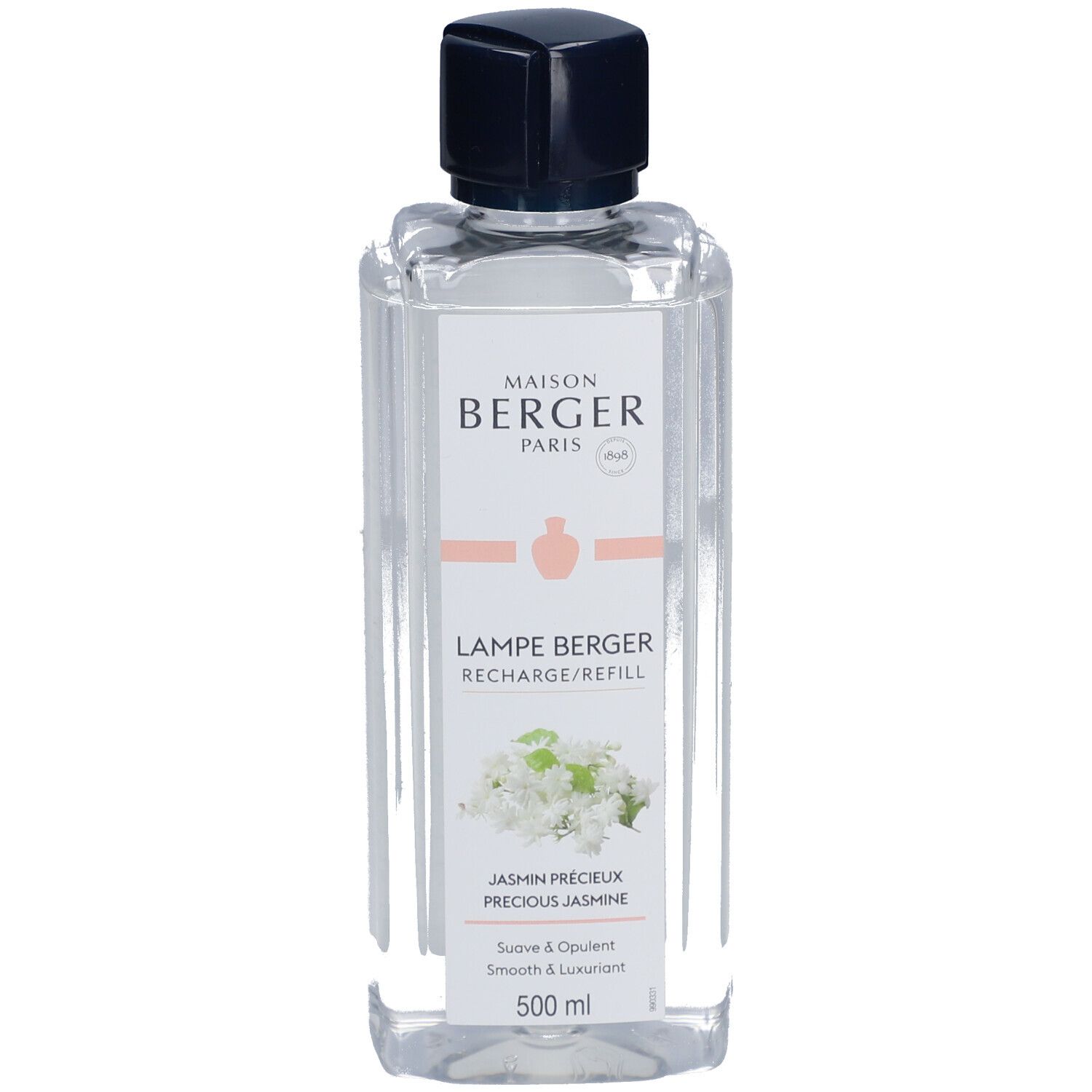 Flacon transparent, bouchon noir. Étiquette avec nom du produit, illustration jasmin et texte. 500 ml.