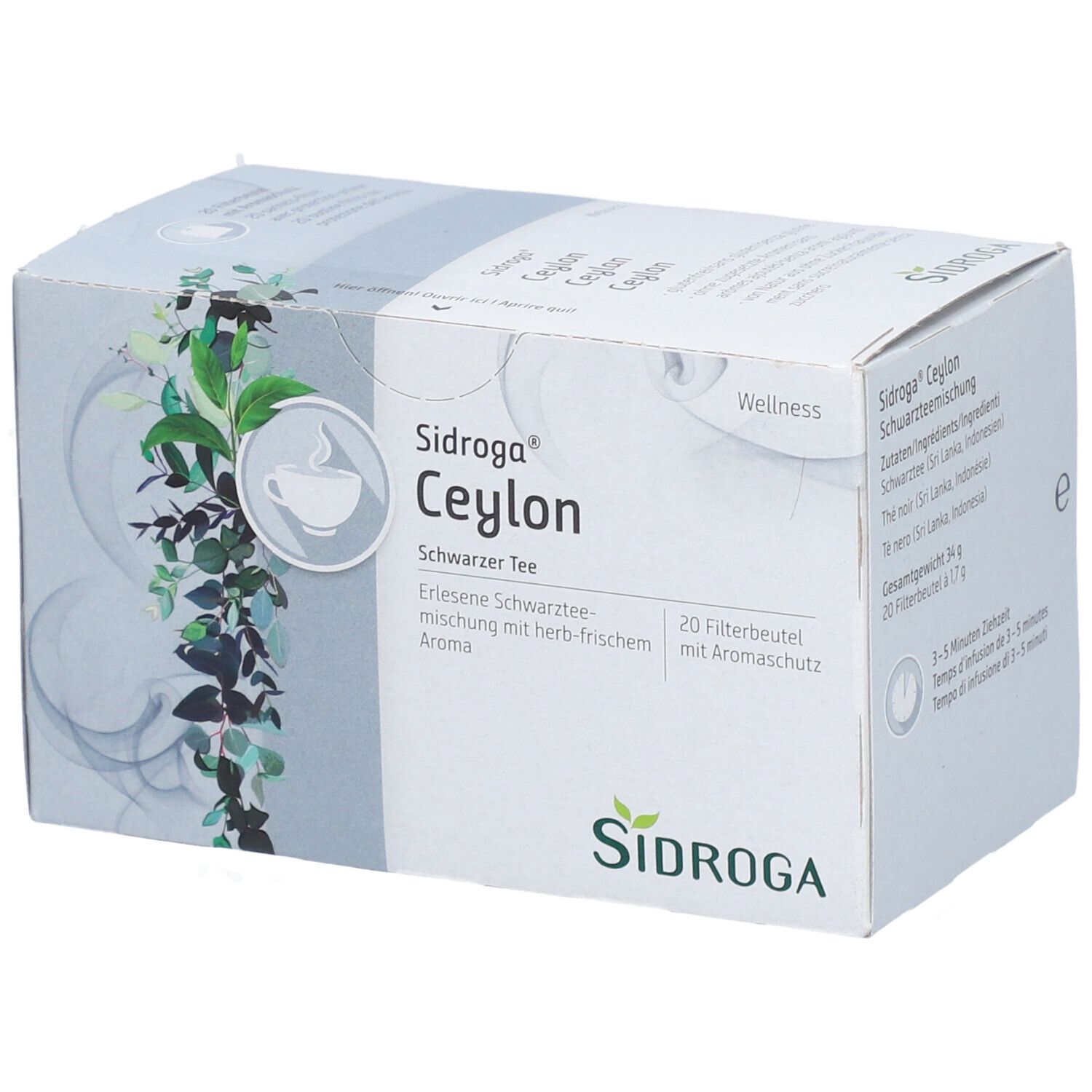 Karton mit Sidroga Ceylon Schwarztee. 20 Filterbeutel mit Aromaschutz. Logo und Produktbezeichnung.
