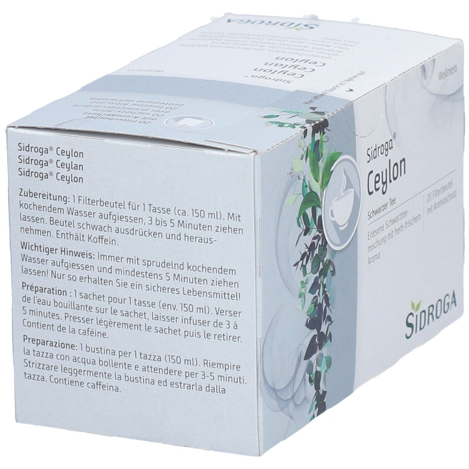 Karton mit Sidroga Ceylon Schwarztee. Zubereitungshinweise in Deutsch, Italienisch und Französisch.