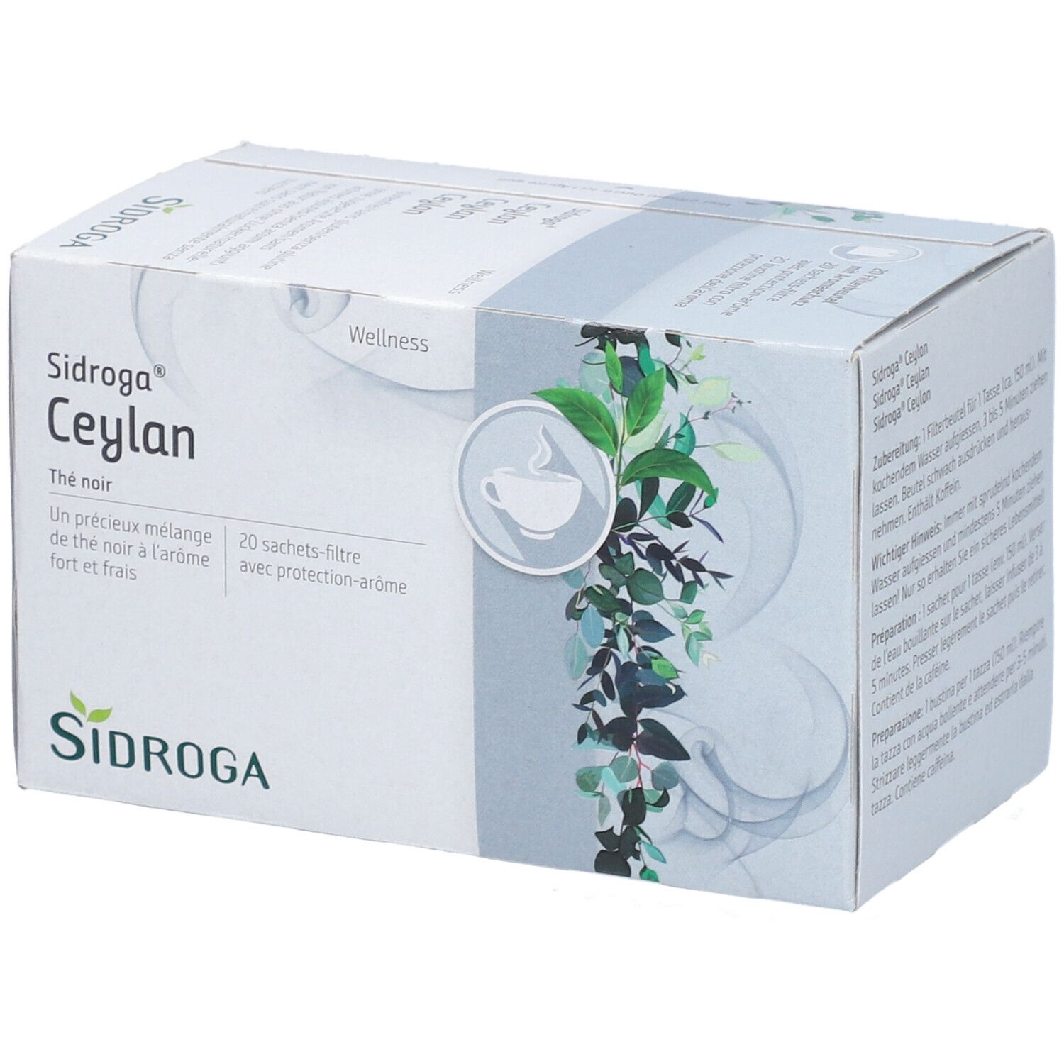 Karton mit Sidroga Ceylon Tee. 20 Filterbeutel. Produktbezeichnung und Logo.