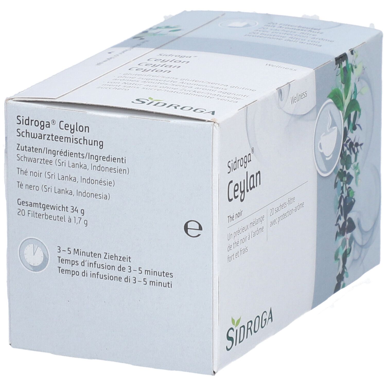 Karton mit Sidroga Ceylon Schwarzteemischung. Zutaten und Zubereitungshinweise. 20 Filterbeutel.