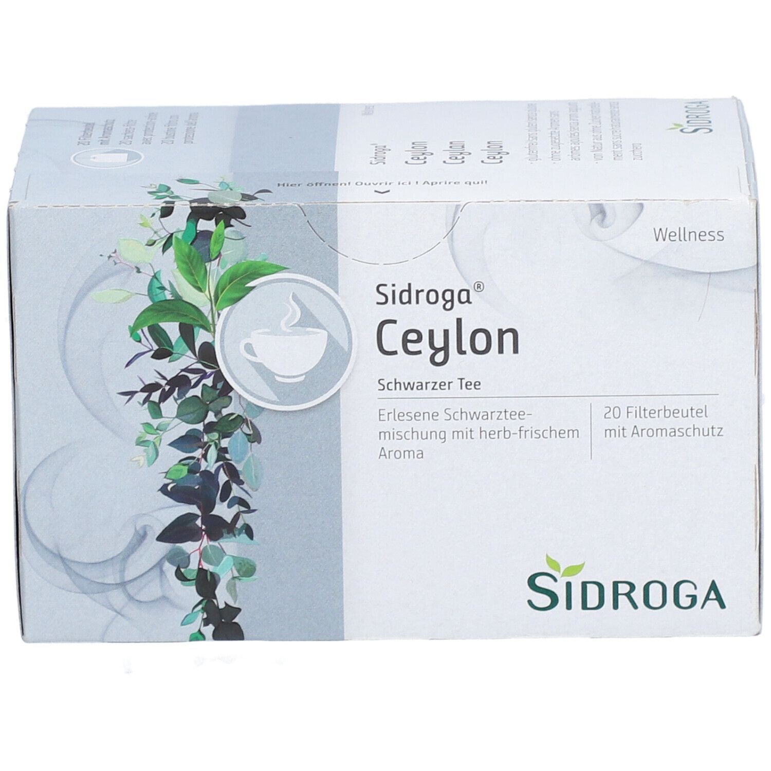 Karton mit Sidroga Ceylon Schwarztee. 20 Filterbeutel. Logo und Produktbezeichnung.