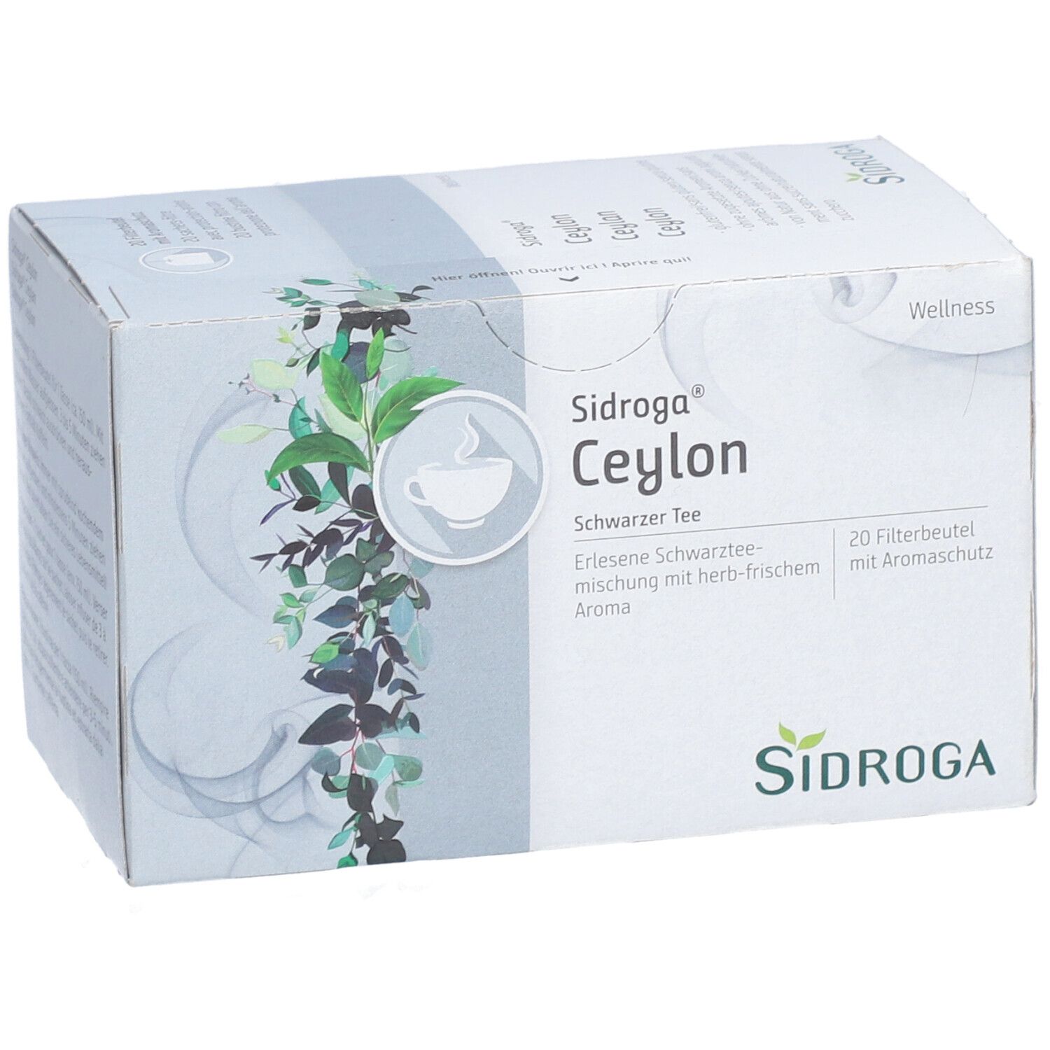 Karton mit Sidroga Ceylon Schwarztee. 20 Filterbeutel. Logo und Produktbezeichnung.