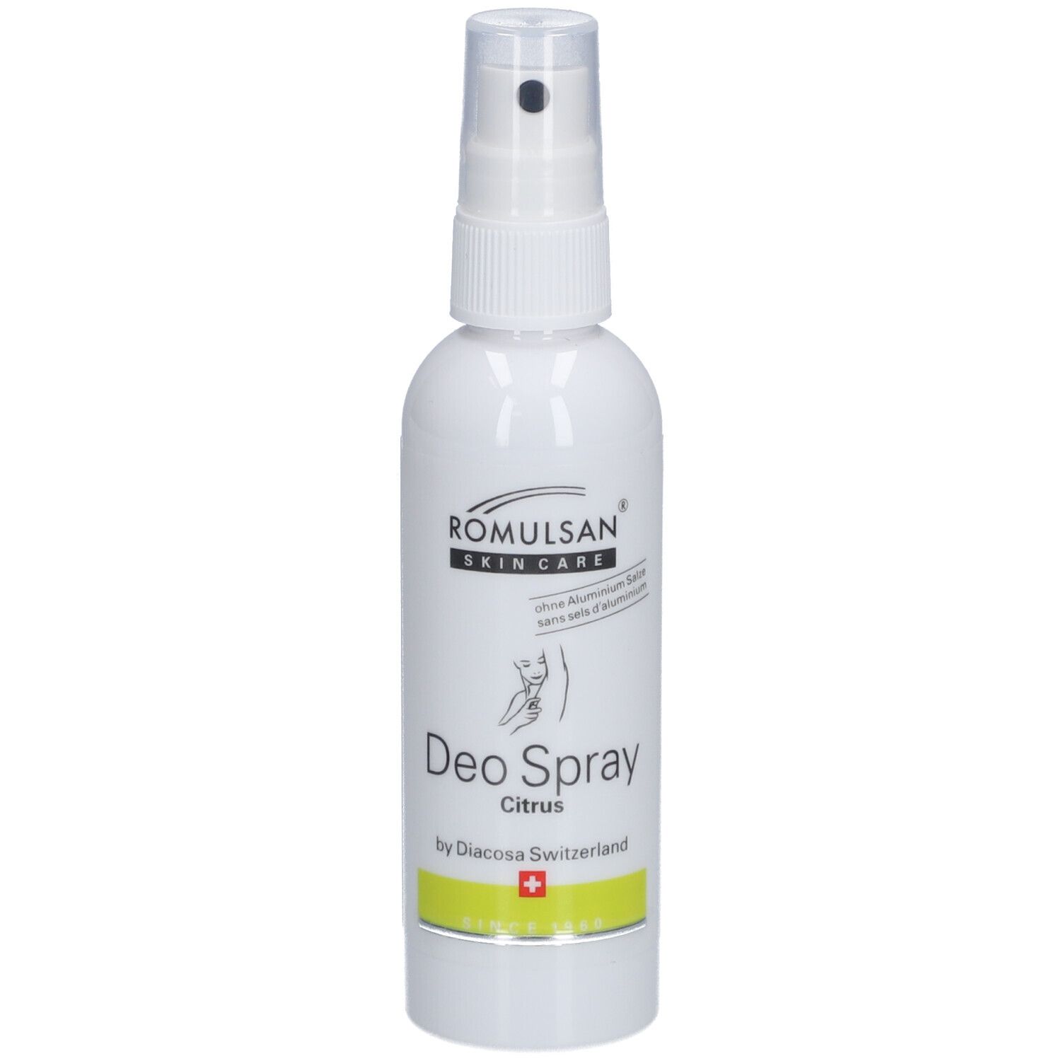 Deospray mit Sprühkopf. Aufschrift: ROMULSAN SKIN CARE, Deo Spray Citrus, by Diacosa Switzerland. Schweizer Kreuz.