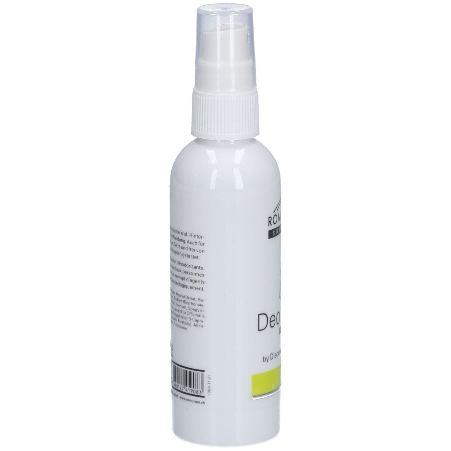 Deospray, Rückseite mit Text. Barcode unten. Aufschrift: ROMULSAN SKIN CARE, Deo Spray Citrus, by Diacosa Switzerland.