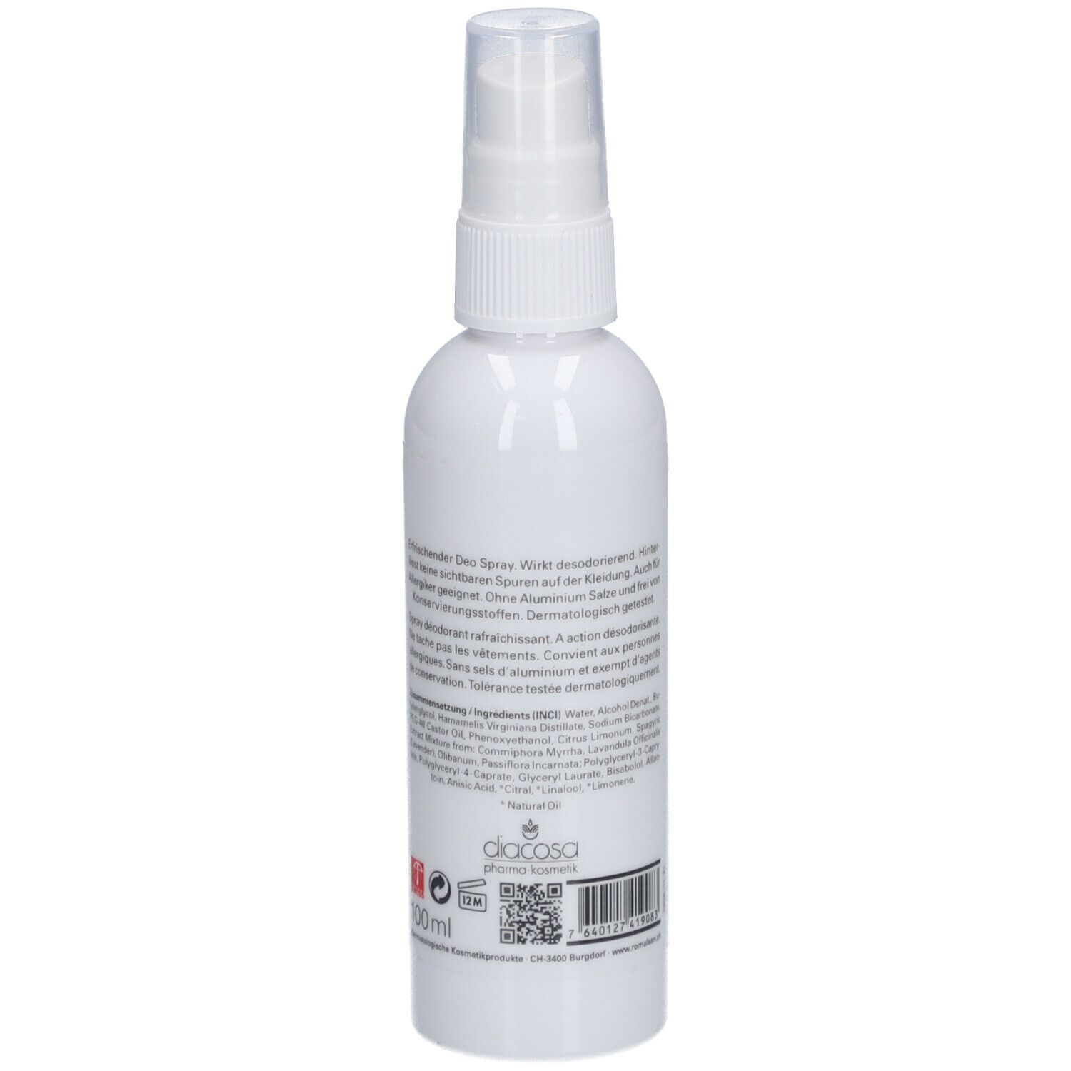 Deospray, Rückseite mit Text. Barcode und QR-Code. Aufschrift: diacosa, 100ml.