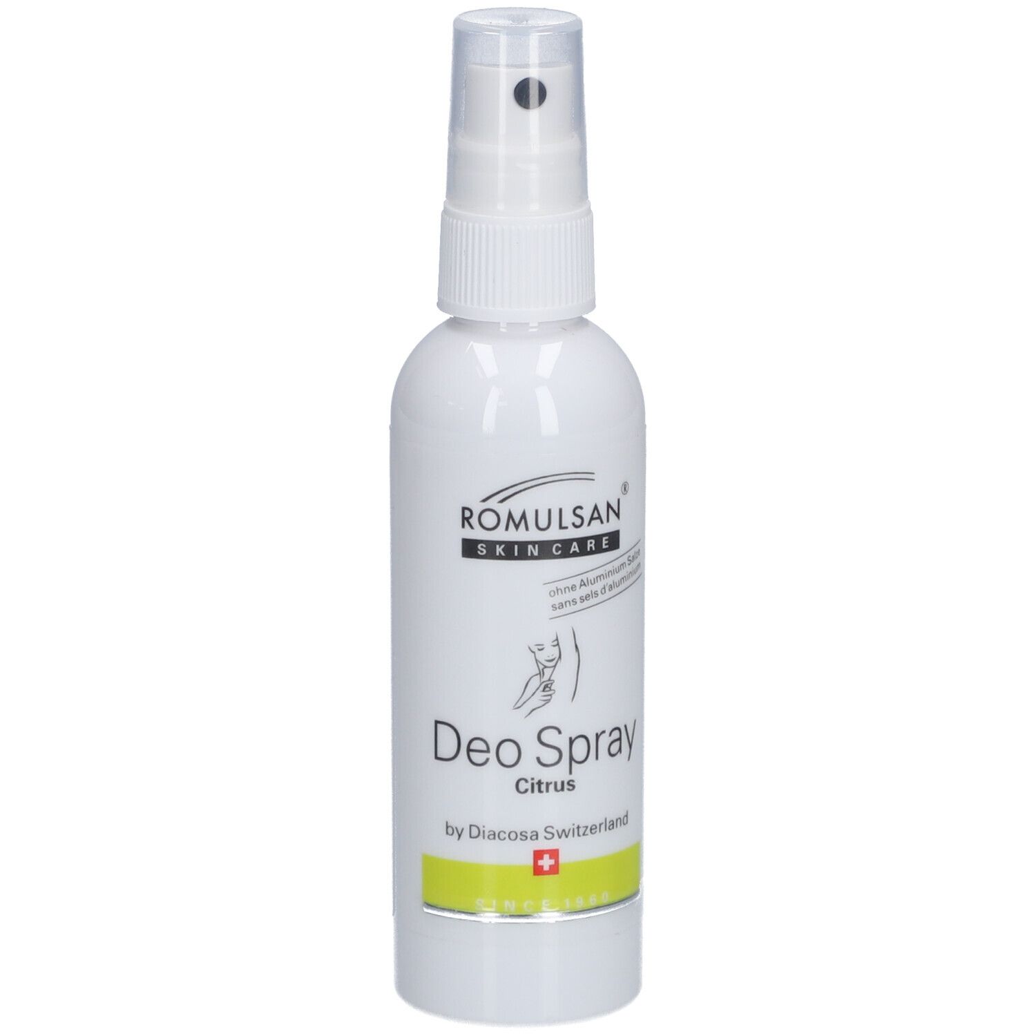 Deospray mit Sprühkopf. Aufschrift: ROMULSAN SKIN CARE, Deo Spray Citrus, by Diacosa Switzerland. Schweizer Kreuz.