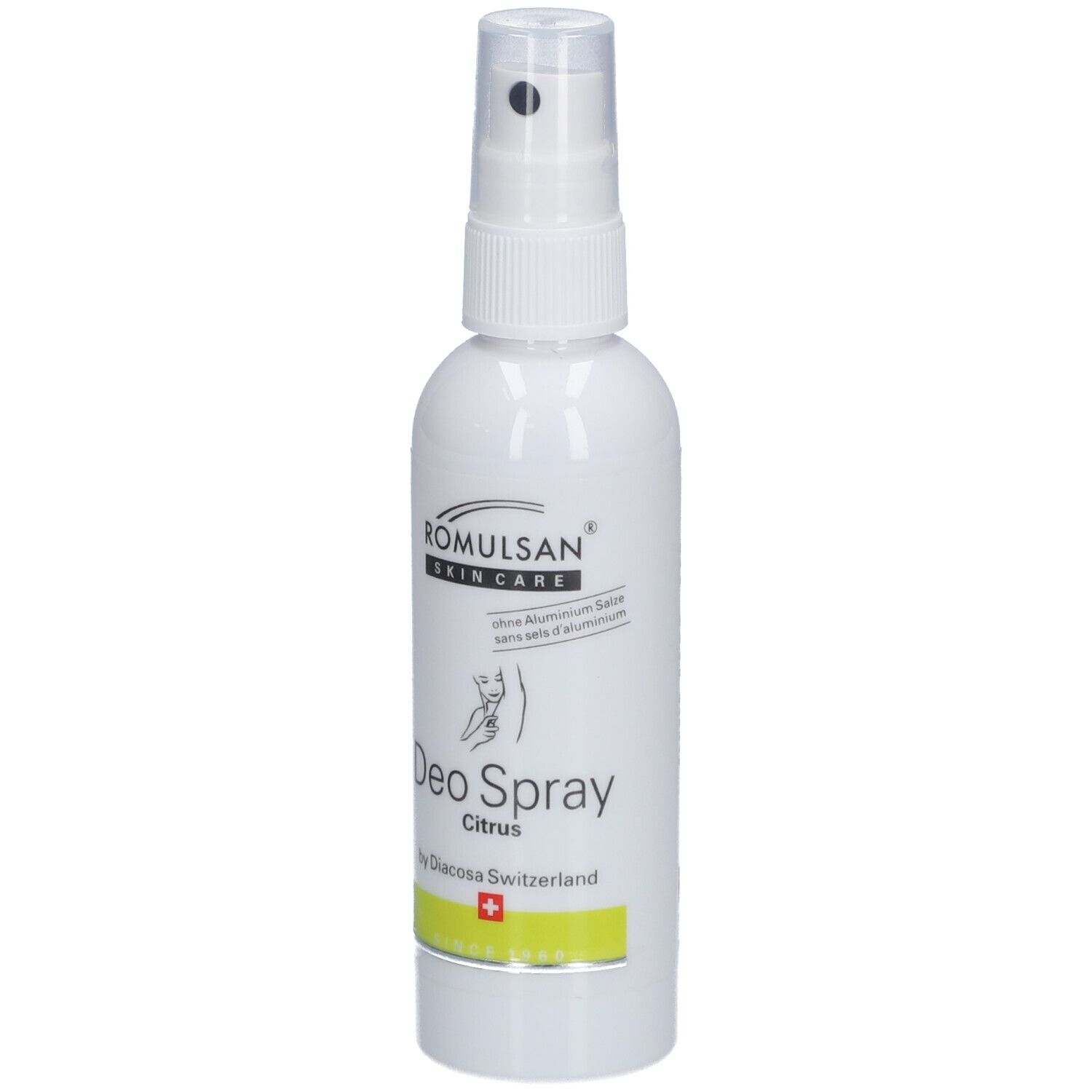 Deospray mit Sprühkopf. Aufschrift: ROMULSAN SKIN CARE, Deo Spray Citrus, by Diacosa Switzerland. Schweizer Kreuz.