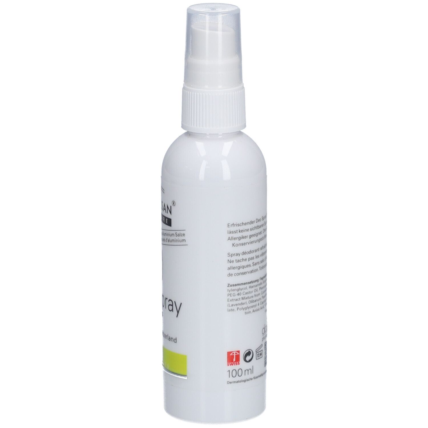 Deospray, Rückseite mit Text. Aufschrift: ROMULSAN SKIN CARE, Deo Spray Citrus, by Diacosa Switzerland, 100ml.