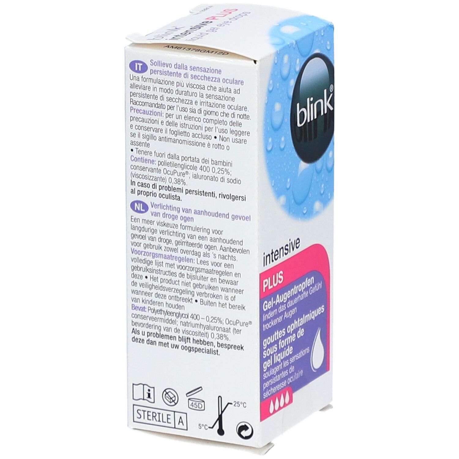 Boîte de BLINK Intensive Plus. Texte en allemand, italien et néerlandais. Marquage CE et symbole stérile.
