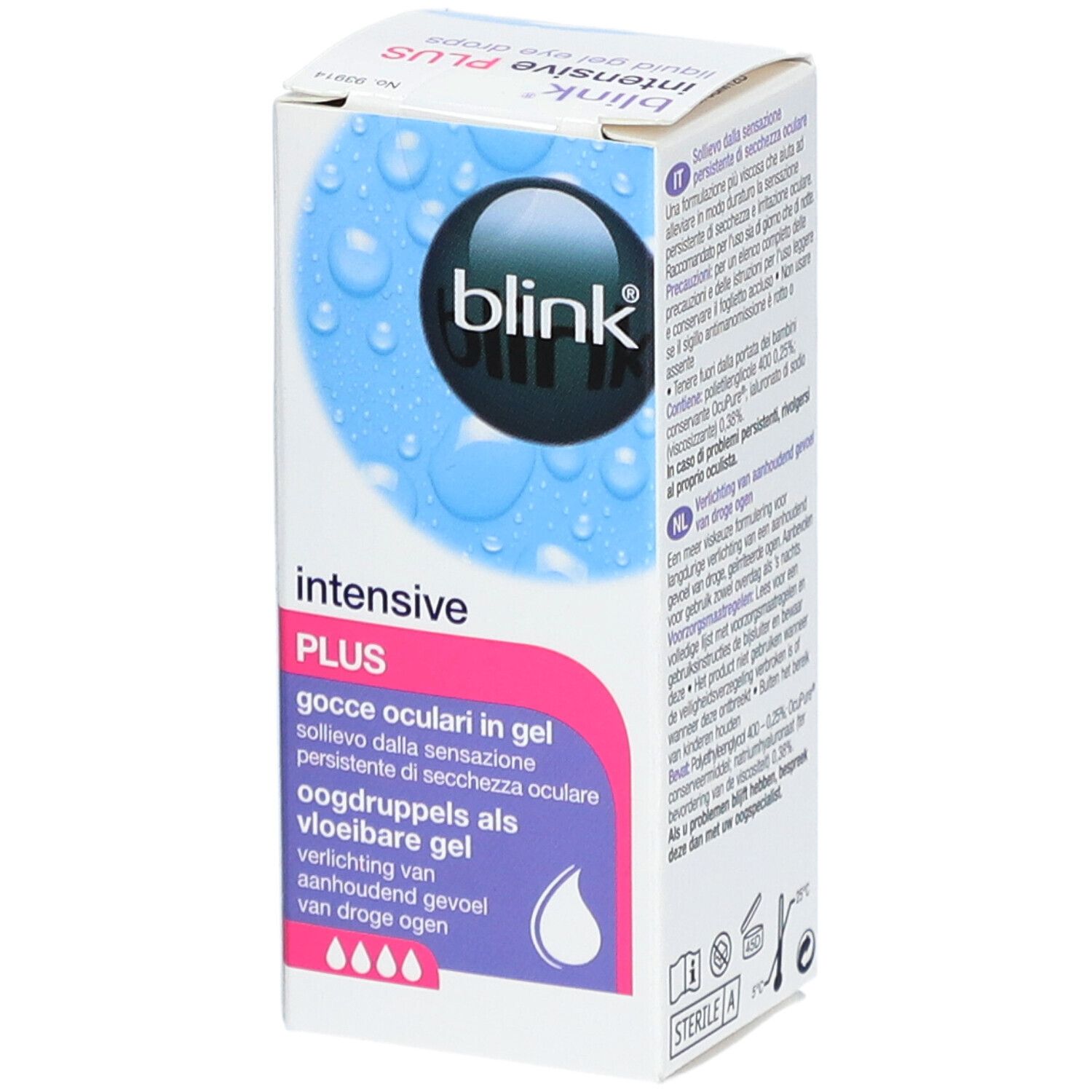 Boîte de BLINK Intensive Plus. Texte en allemand, italien et néerlandais. Marquage CE et symbole stérile.
