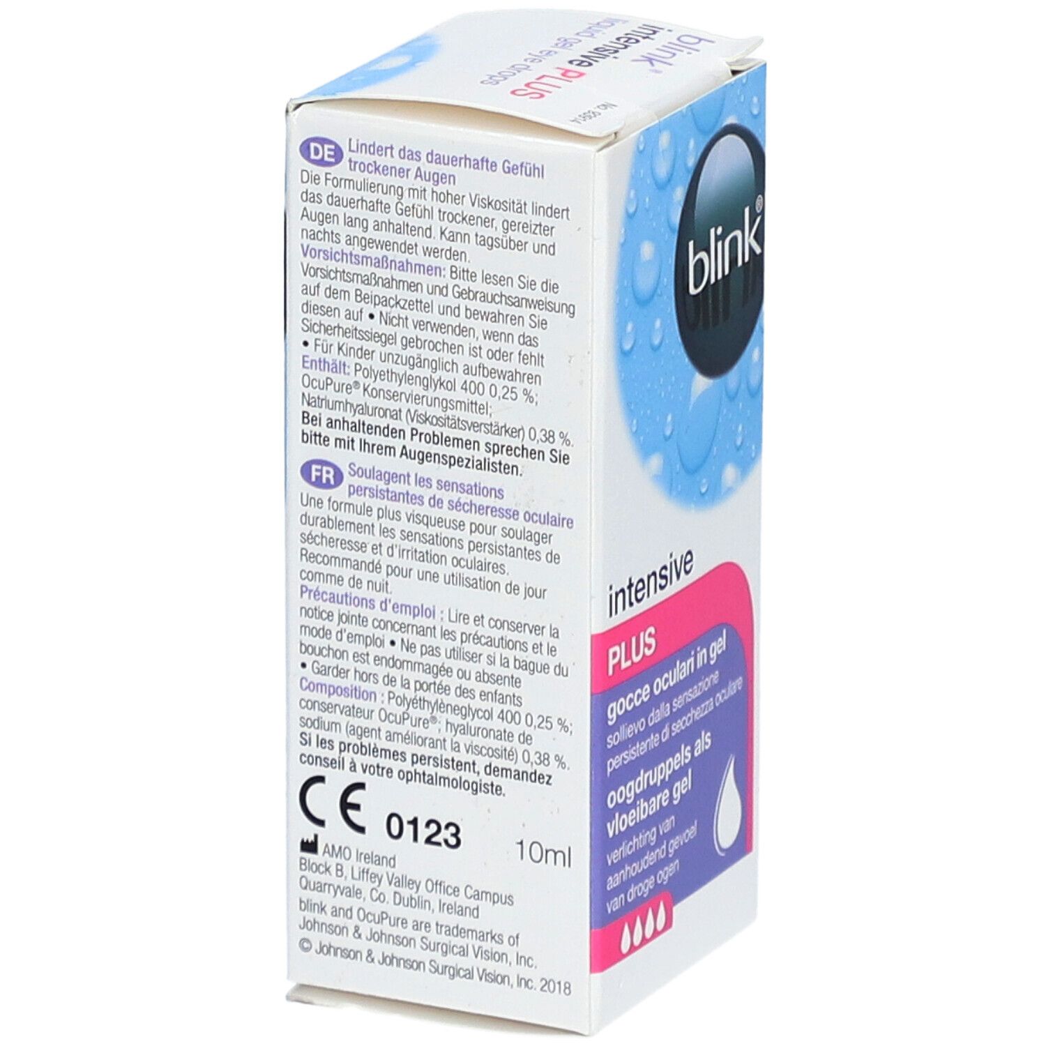 Boîte de BLINK Intensive Plus. Texte en allemand, français et néerlandais. Marquage CE et indication 10ml.