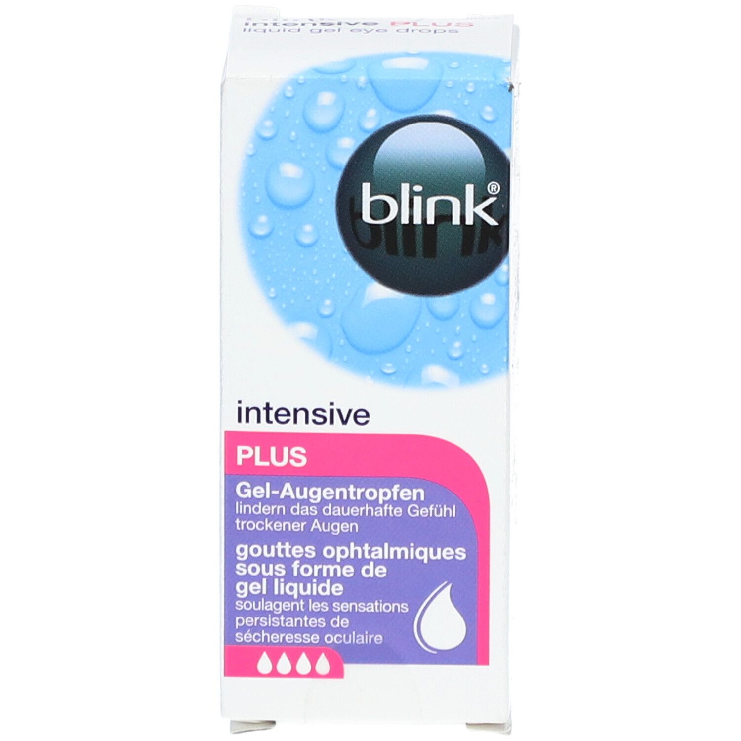 Boîte de BLINK Intensive Plus. Bleu et blanc, nom du produit et symbole de goutte.