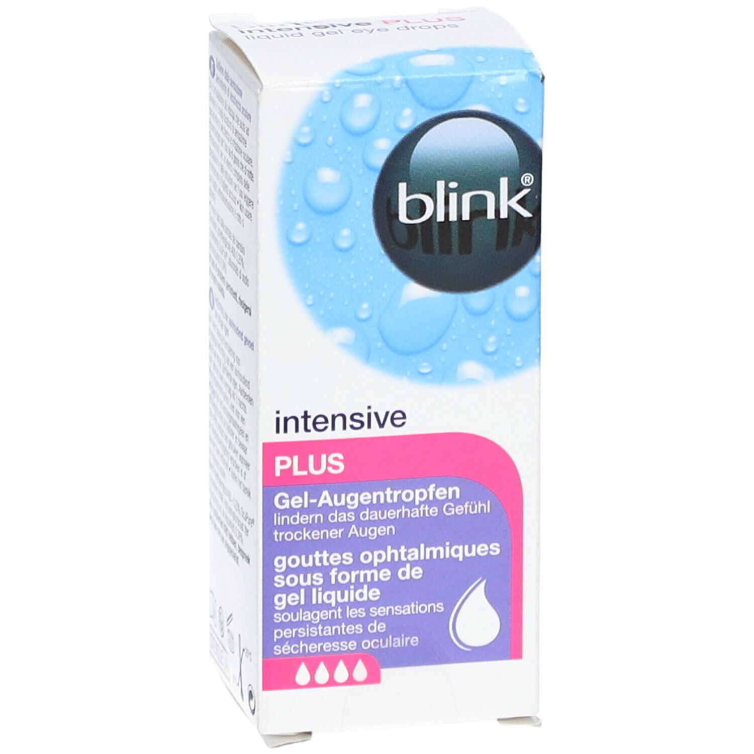 Boîte de BLINK Intensive Plus. Bleu et blanc, nom du produit et symbole de goutte.