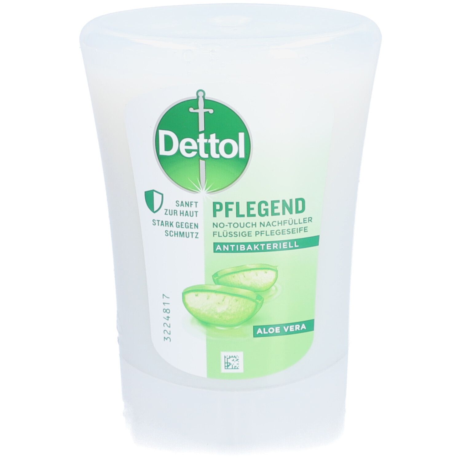 Recharge de savon. Logo Dettol et illustration d'aloe vera. Texte: Soin, antibactérien. Couleurs vertes et blanches.