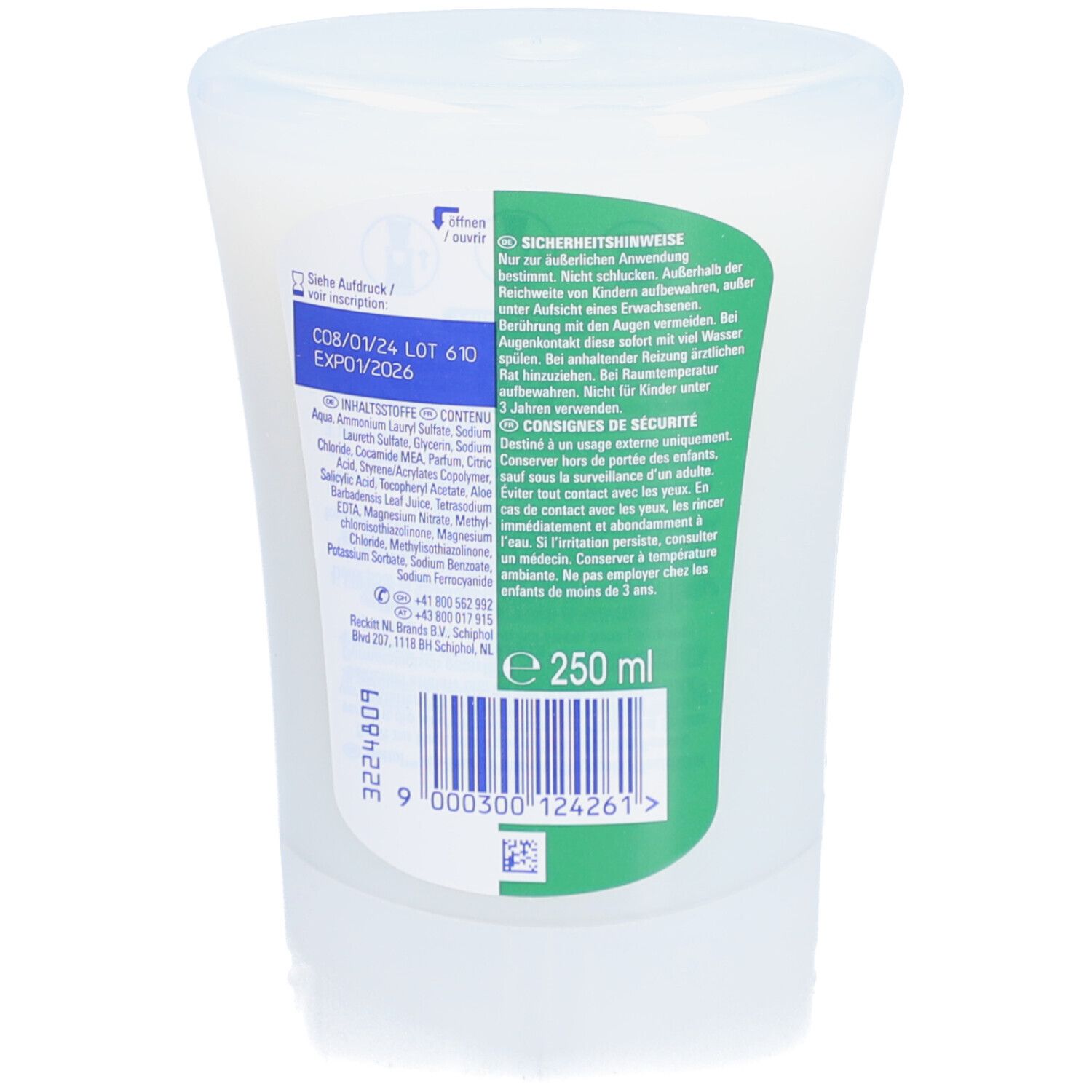 Dos de la recharge de savon. Texte: Avertissements de sécurité, ingrédients, 250 ml. Code-barres et numéro de lot.