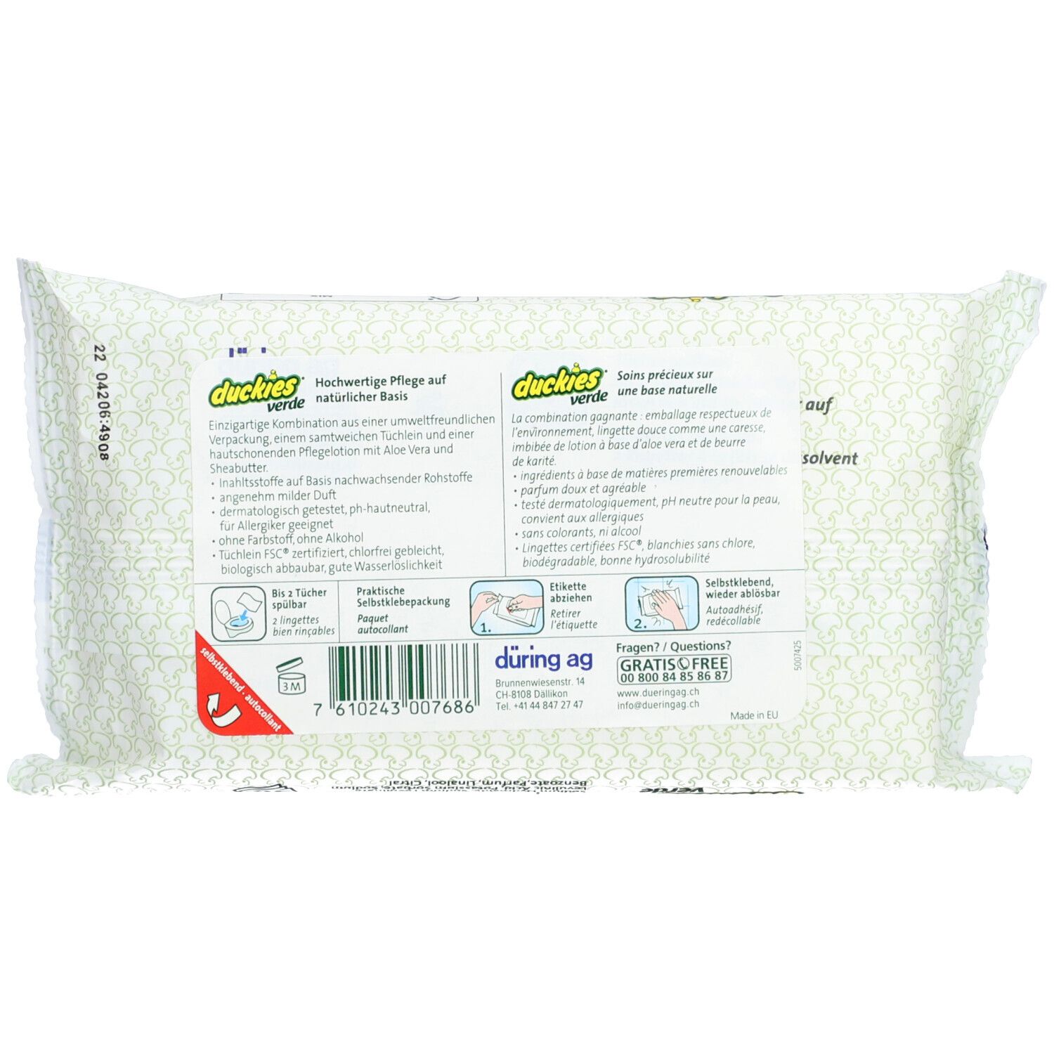 Dos du paquet de lingettes humides DUCKIES Verde. Texte en allemand et français. Contient des informations sur les ingrédients et les certifications.