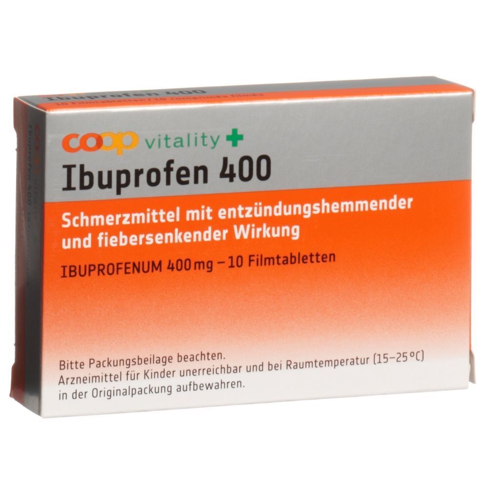 Boîte de comprimés COOP vitality Ibuprofen 400. Texte: Antidouleur, 400mg, 10 comprimés. Emballage orange et gris.