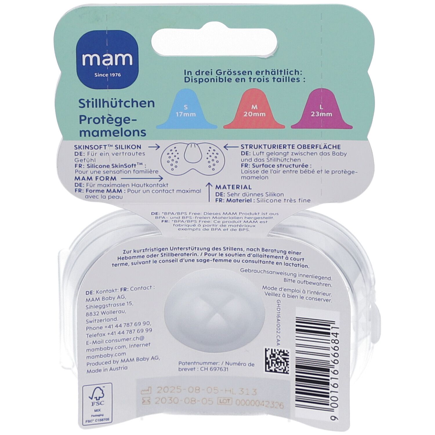 MAM Stillhütchen aus Silikon in Größe S (17mm), M (20mm) und L (23mm) mit strukturierter Oberfläche.
