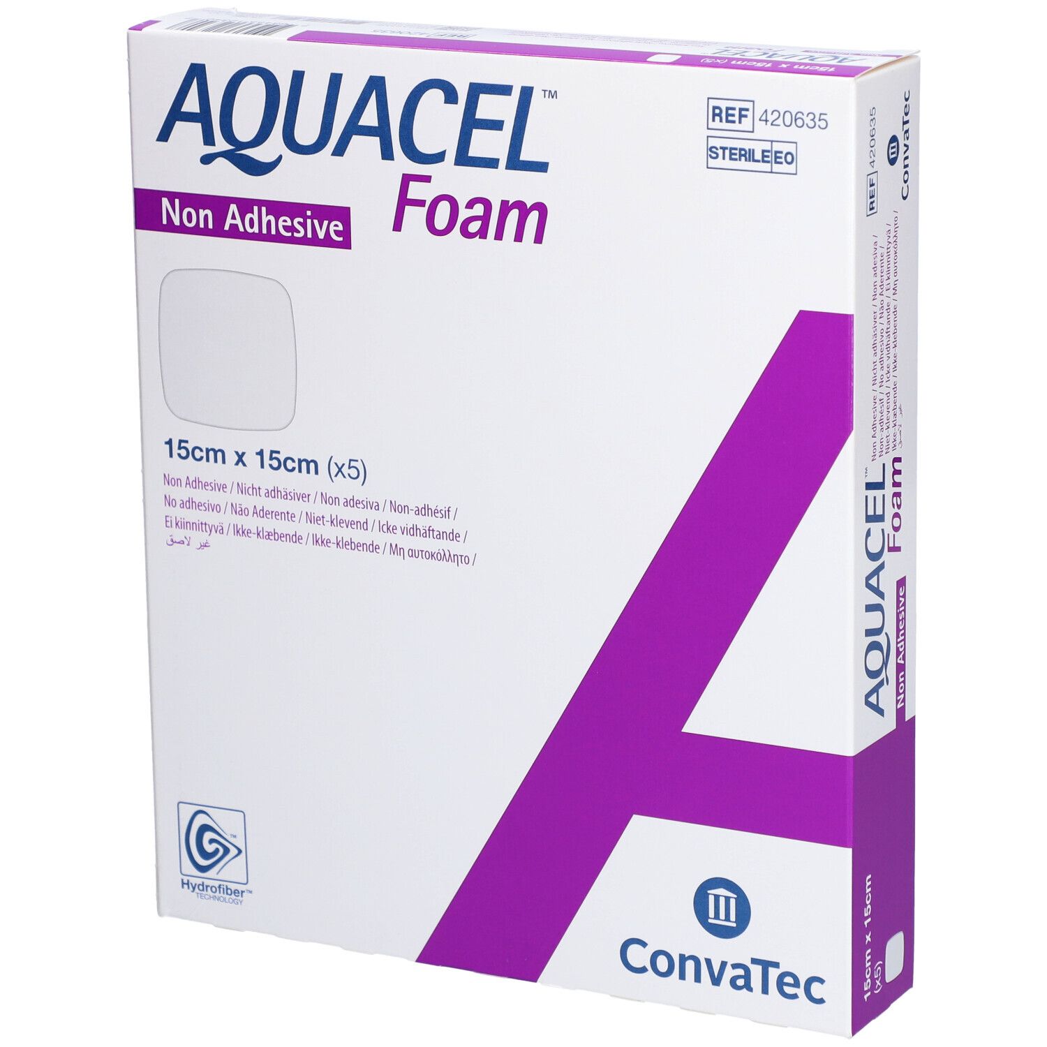 Verpackung AQUACEL™ Foam, nicht haftender Verband. 15x15 cm. Weiß, lila Akzente. ConvaTec Logo. Steril.
