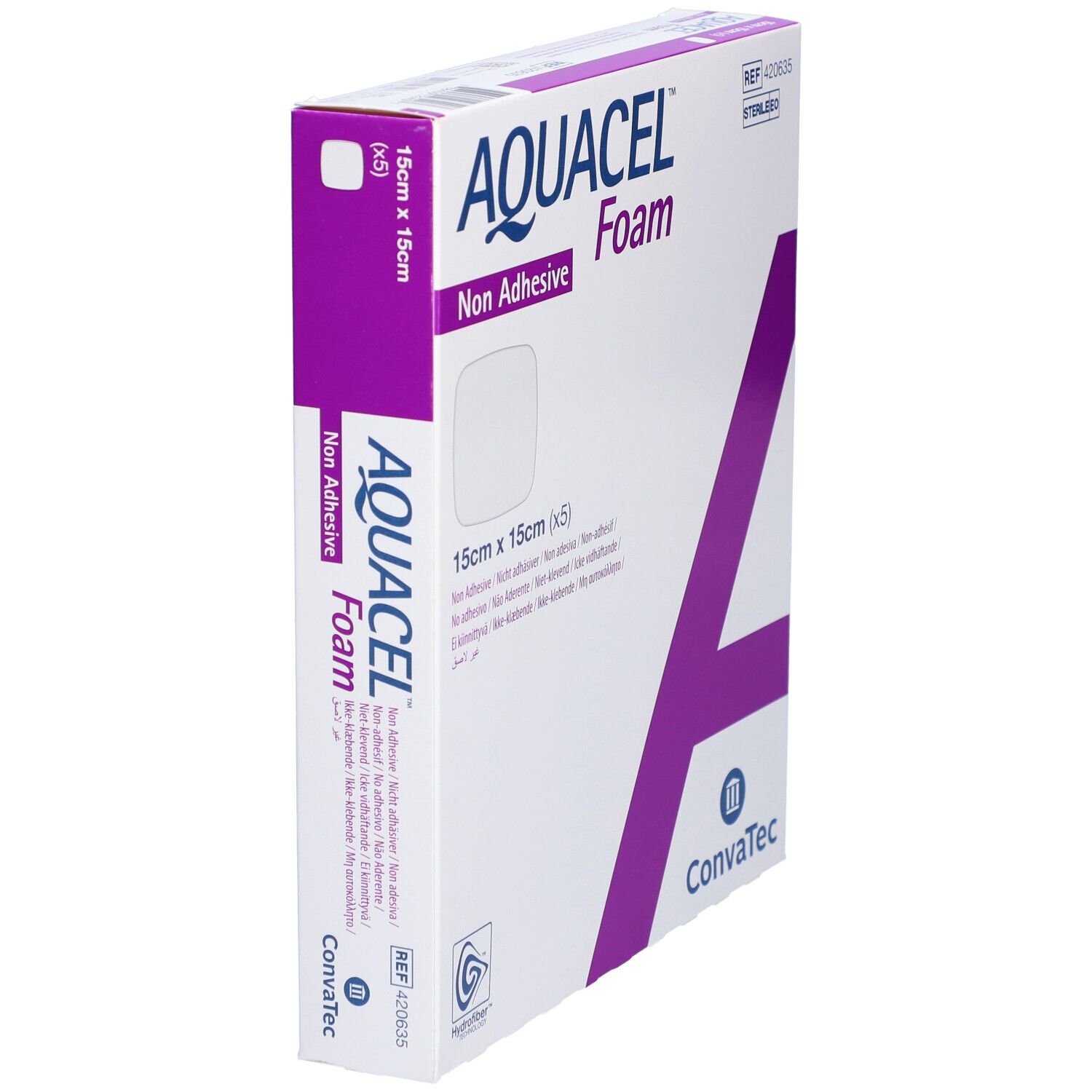 AQUACEL™ Foam Verpackung, nicht haftender Verband. 15x15 cm. Weiß mit lila Akzenten. ConvaTec Logo.