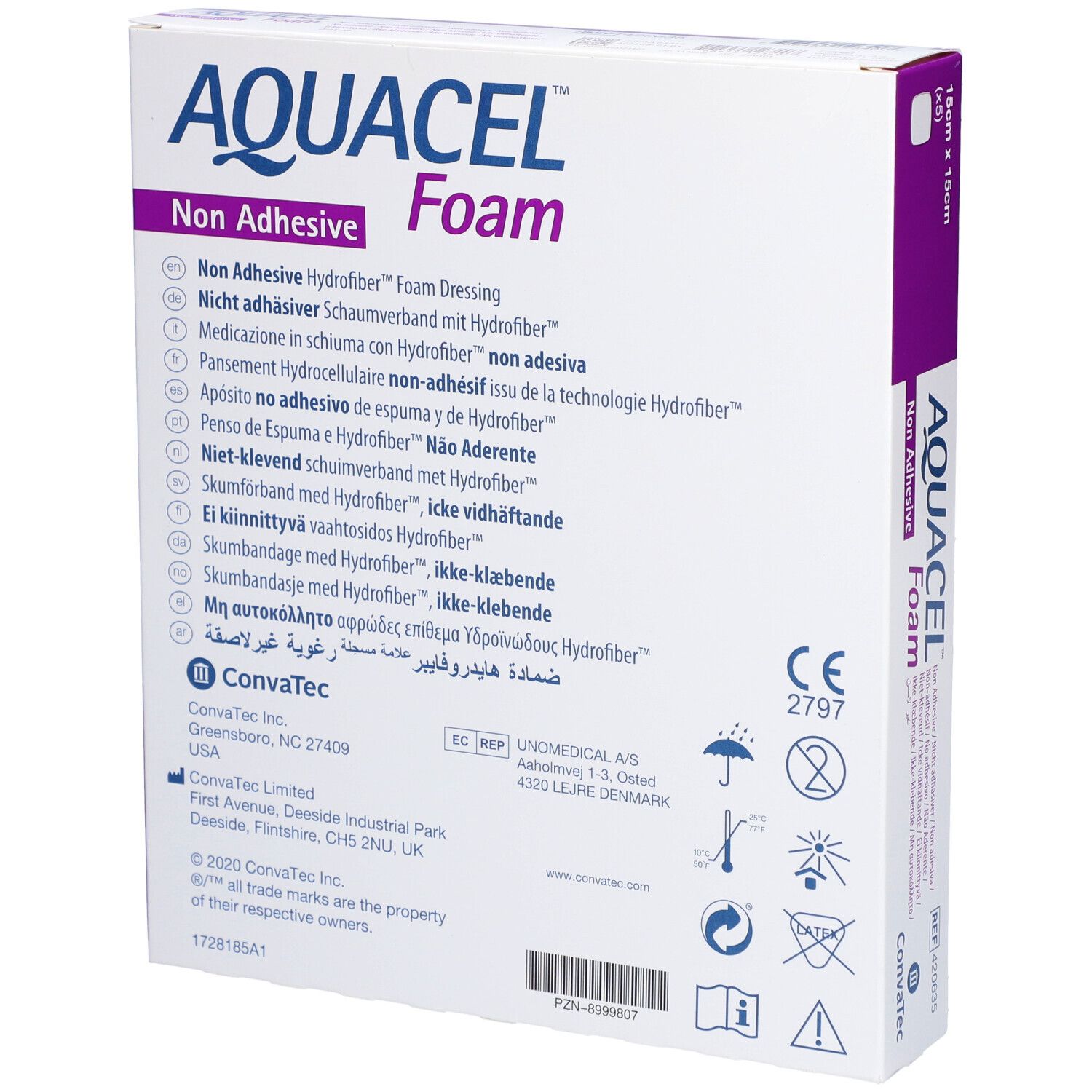 Rückseite der AQUACEL™ Foam Verpackung. Text in mehreren Sprachen. ConvaTec Logo. CE-Kennzeichnung.