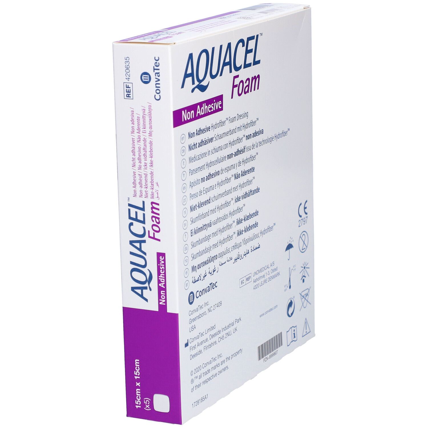 AQUACEL™ Foam Verpackung, nicht haftender Verband. 15x15 cm. Mehrere Sprachen. ConvaTec Logo. CE.
