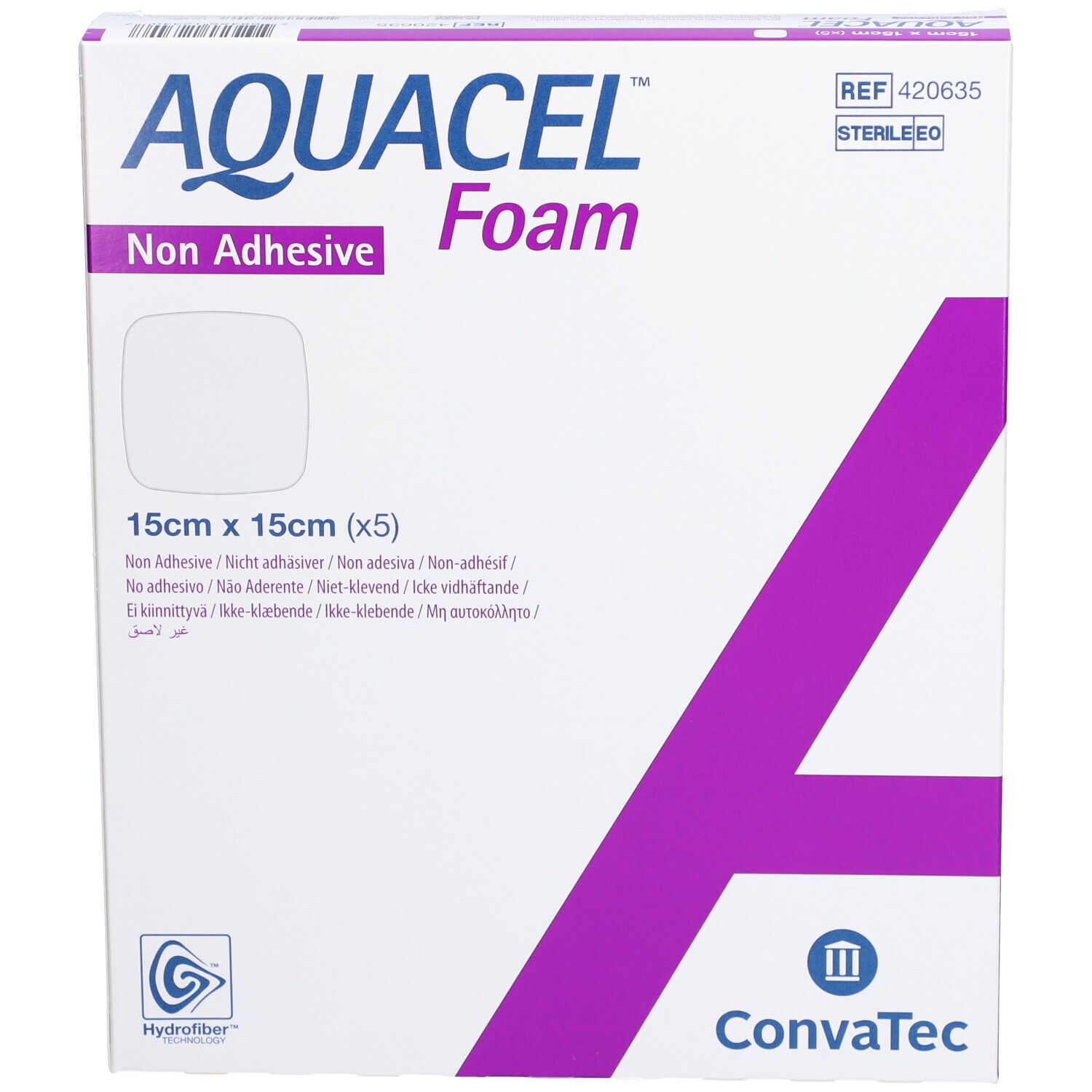 AQUACEL™ Foam Verpackung, nicht haftender Verband. 15x15 cm. Weiß, lila Akzent. ConvaTec Logo. Steril.