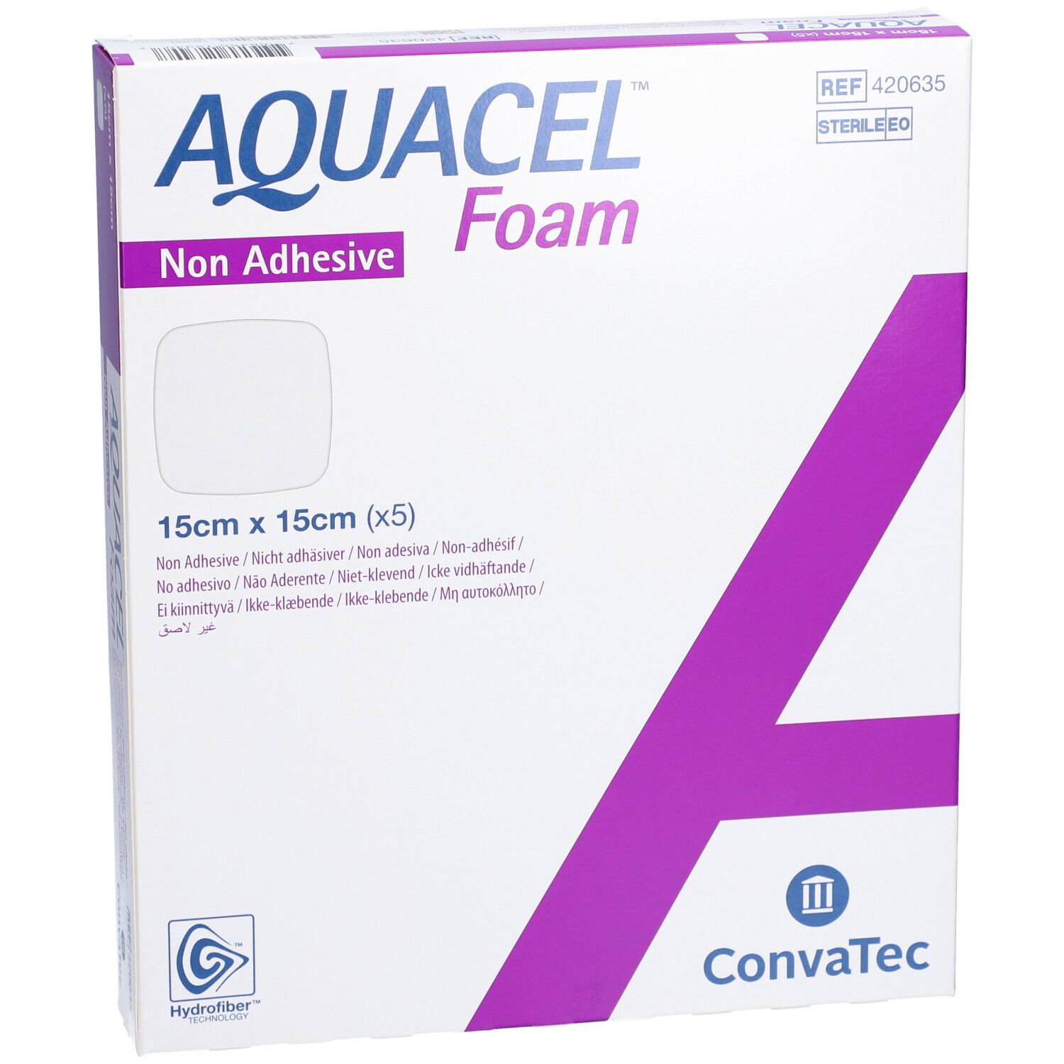 AQUACEL™ Foam Verpackung, nicht haftender Verband. 15x15 cm. Weiß, lila Akzent. ConvaTec Logo. Steril.