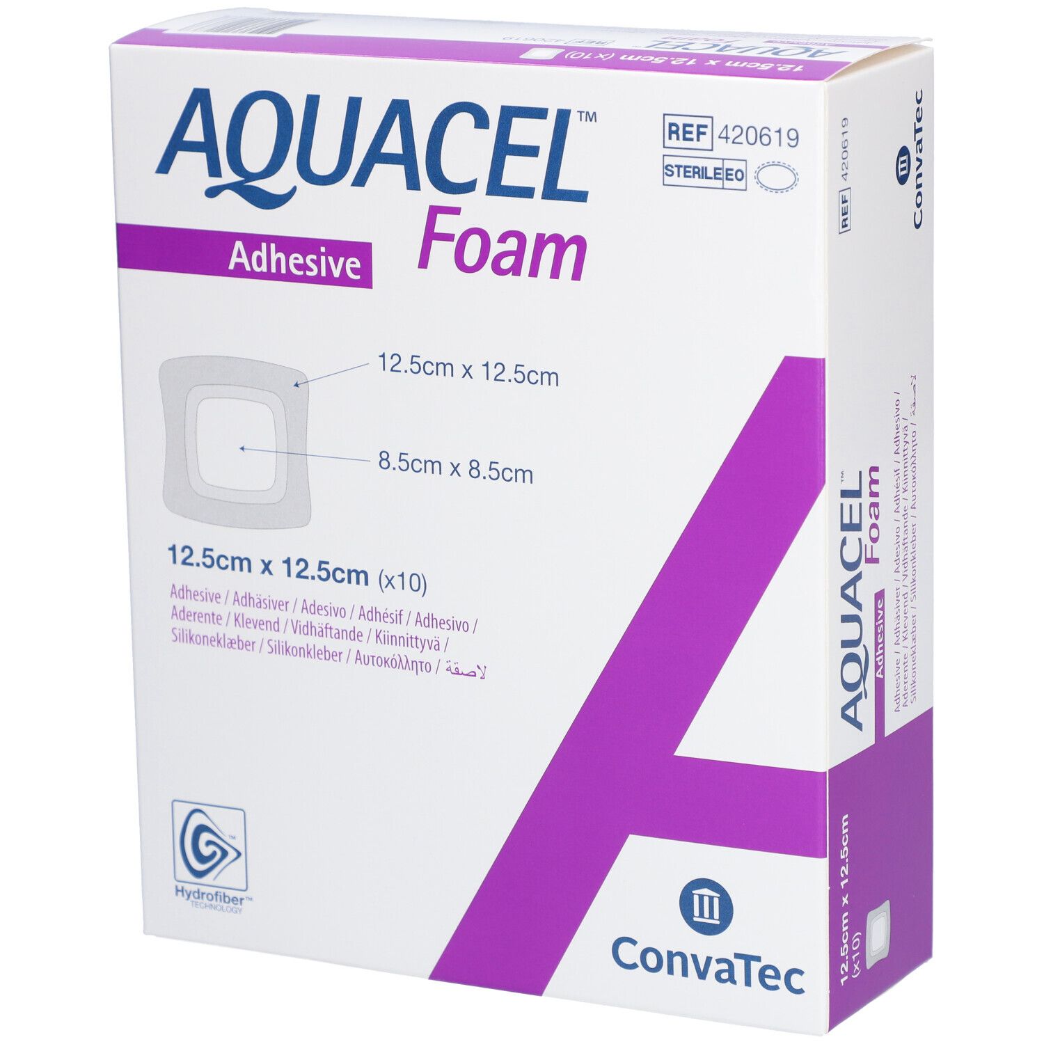 Boîte AQUACEL Foam adhésif. Forme carrée, 12,5 cm x 12,5 cm. Nom du produit, dimensions et logo visibles.