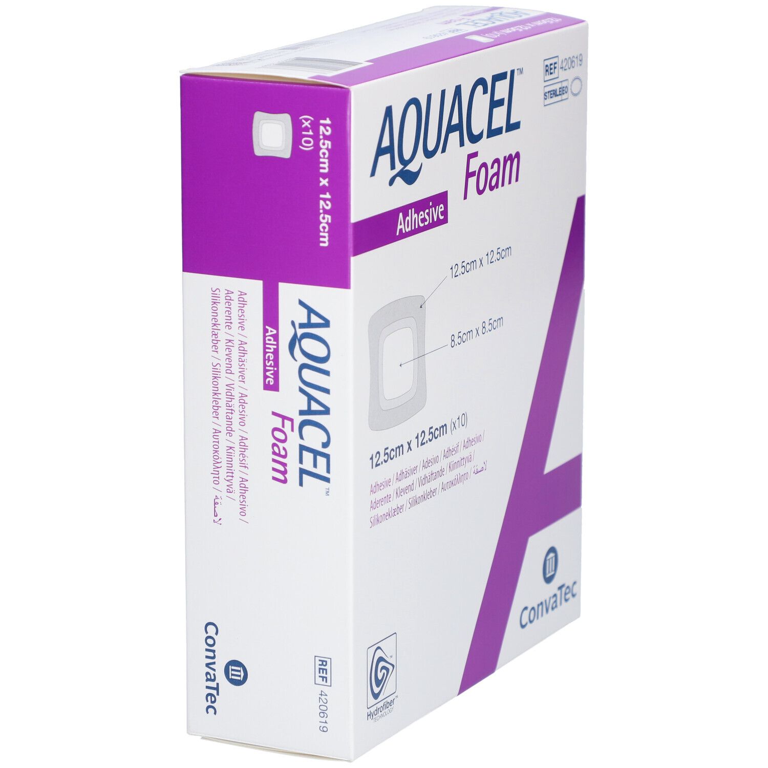 Boîte AQUACEL Foam adhésif en biais. Nom, dimensions et logo. 12,5 cm x 12,5 cm. Boîte avec accent violet.
