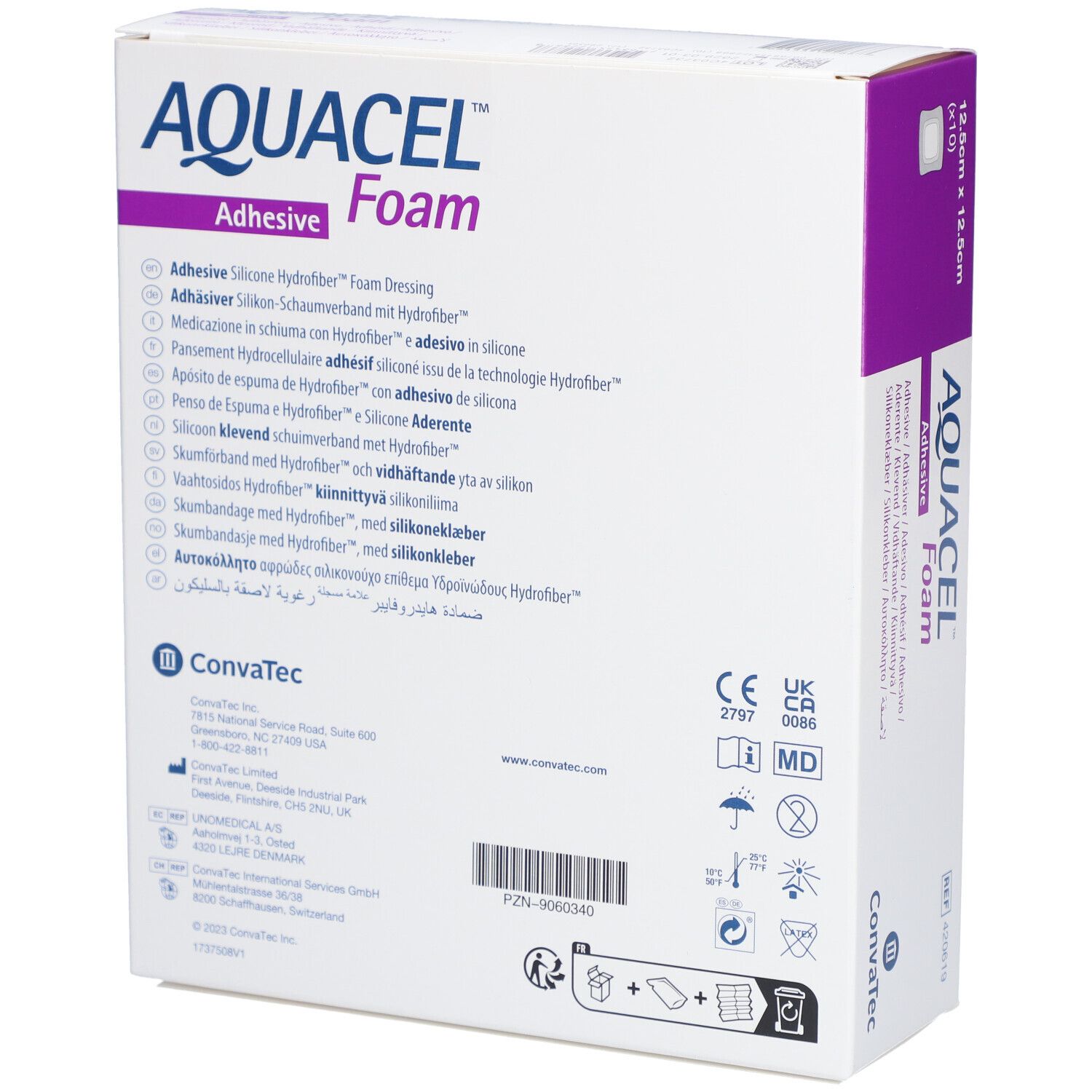 Dos de la boîte AQUACEL Foam adhésif. Informations produit, fabricant, certifications et logos.