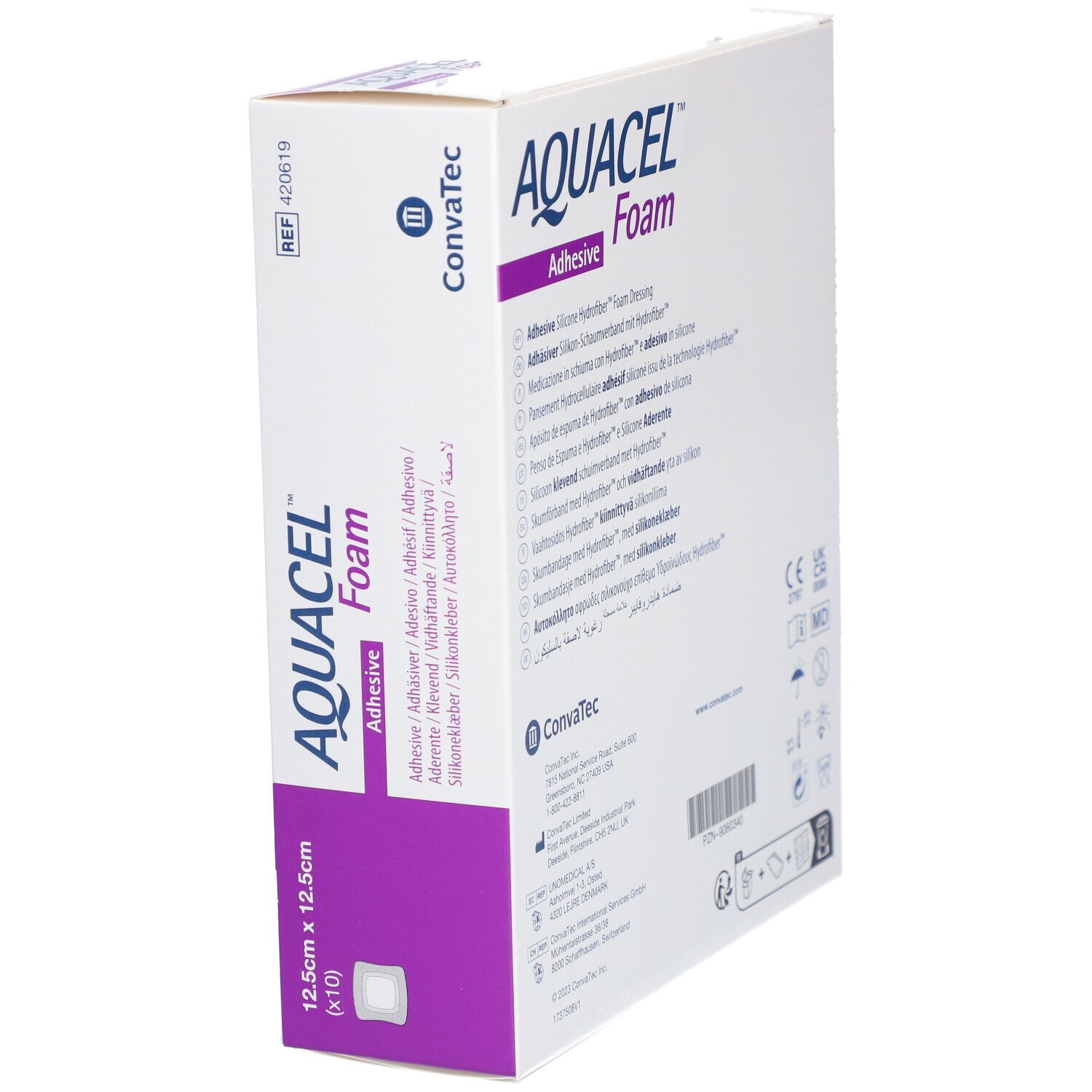Boîte AQUACEL Foam adhésif en biais. Nom, dimensions et logo. 12,5 cm x 12,5 cm. Boîte avec accent violet.