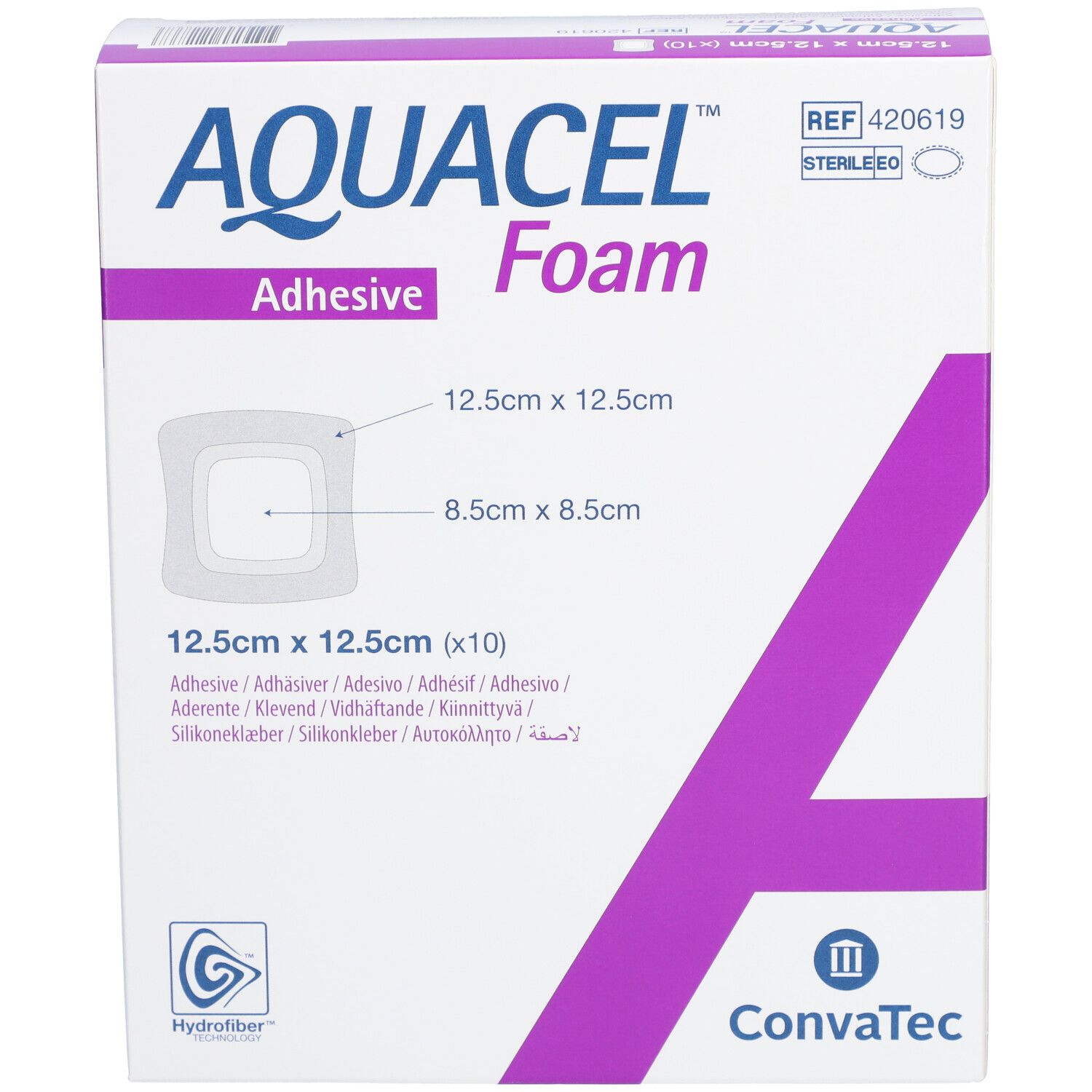 Boîte AQUACEL Foam adhésif. Forme carrée, 12,5 cm x 12,5 cm. Nom, dimensions et logo du produit.