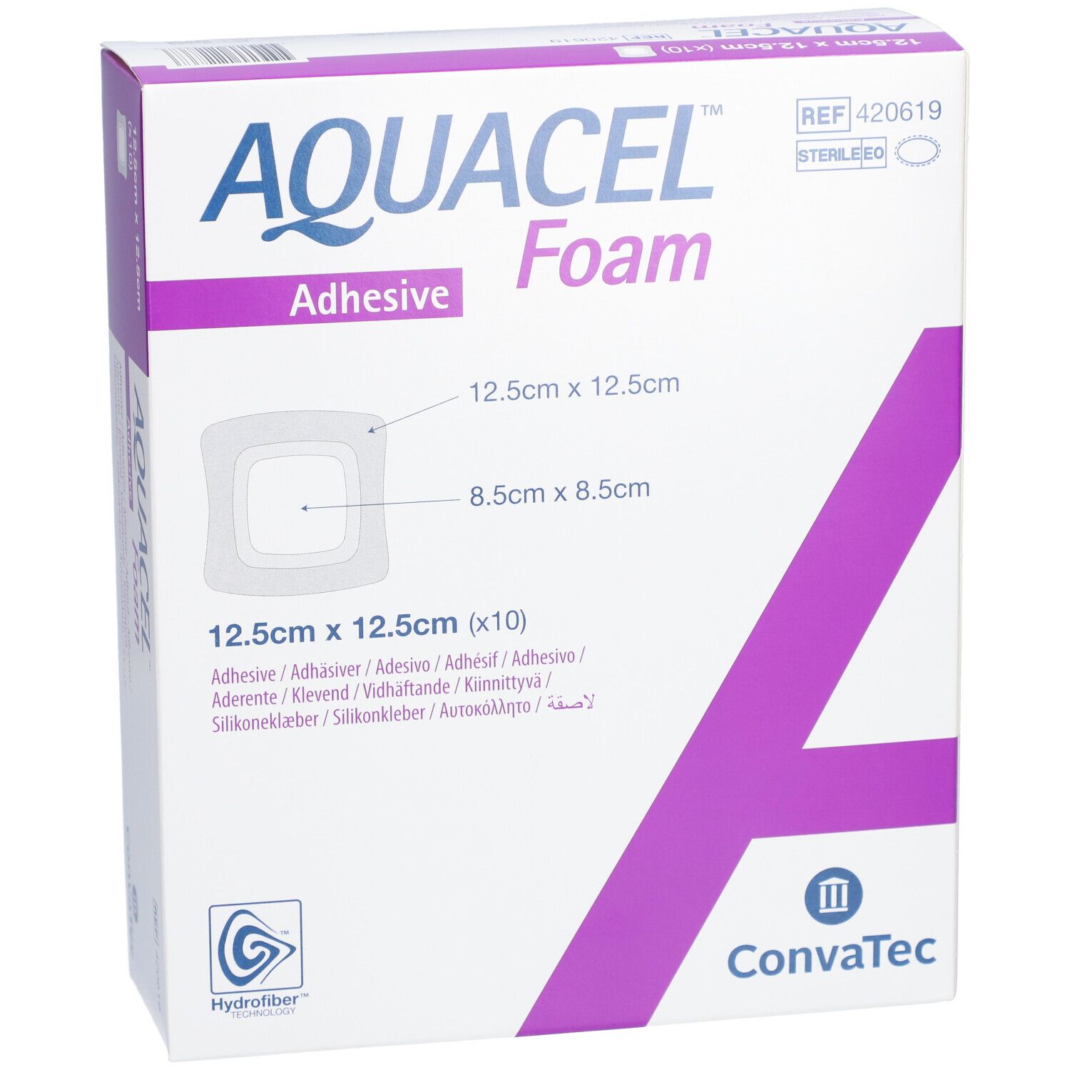 Boîte AQUACEL Foam adhésif. Forme carrée, 12,5 cm x 12,5 cm. Nom, dimensions et logo du produit.