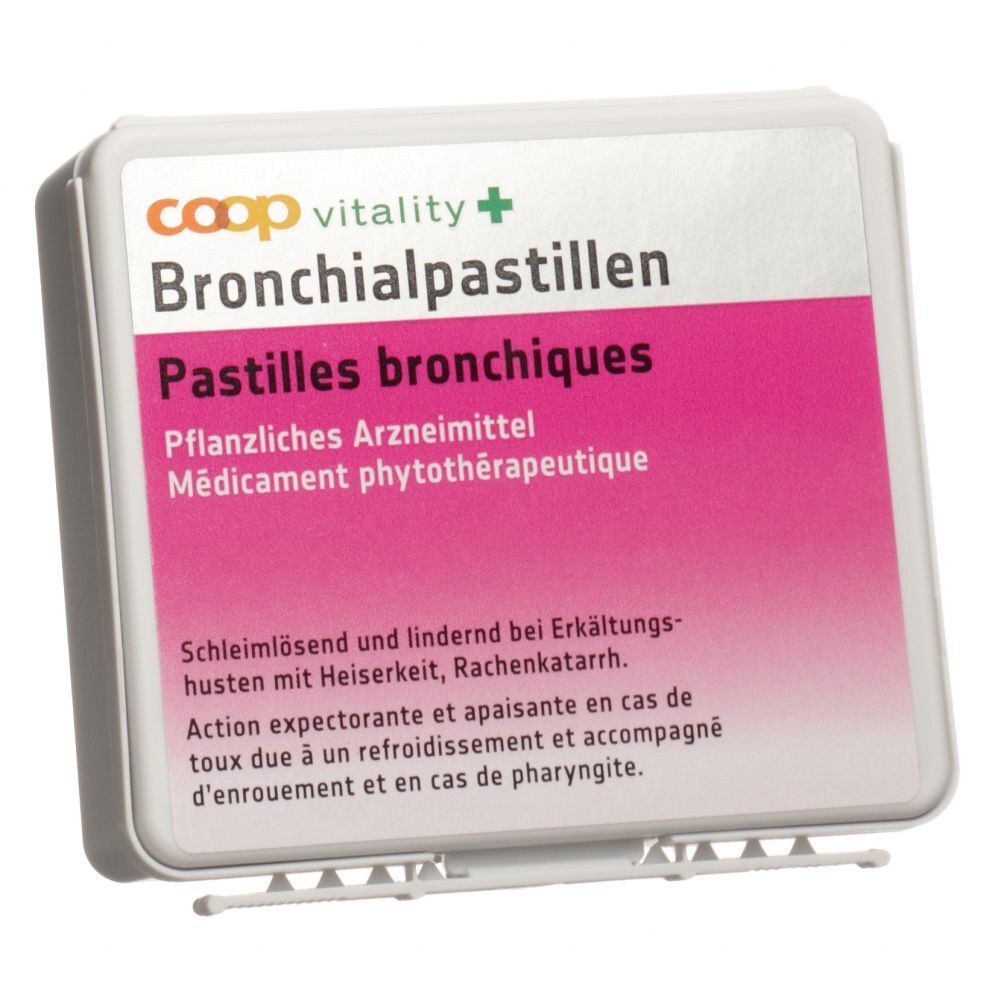 Boîte blanche avec nom et logo du produit. Texte en allemand et en français. Contient des pastilles bronchiques.
