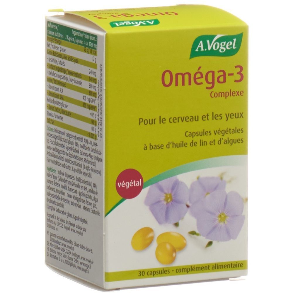 Boîte A. Vogel Oméga-3 Complexe. Inscriptions : Oméga-3 Complexe, 30 capsules. Contient des fleurs et des graines. Informations nutritionnelles.