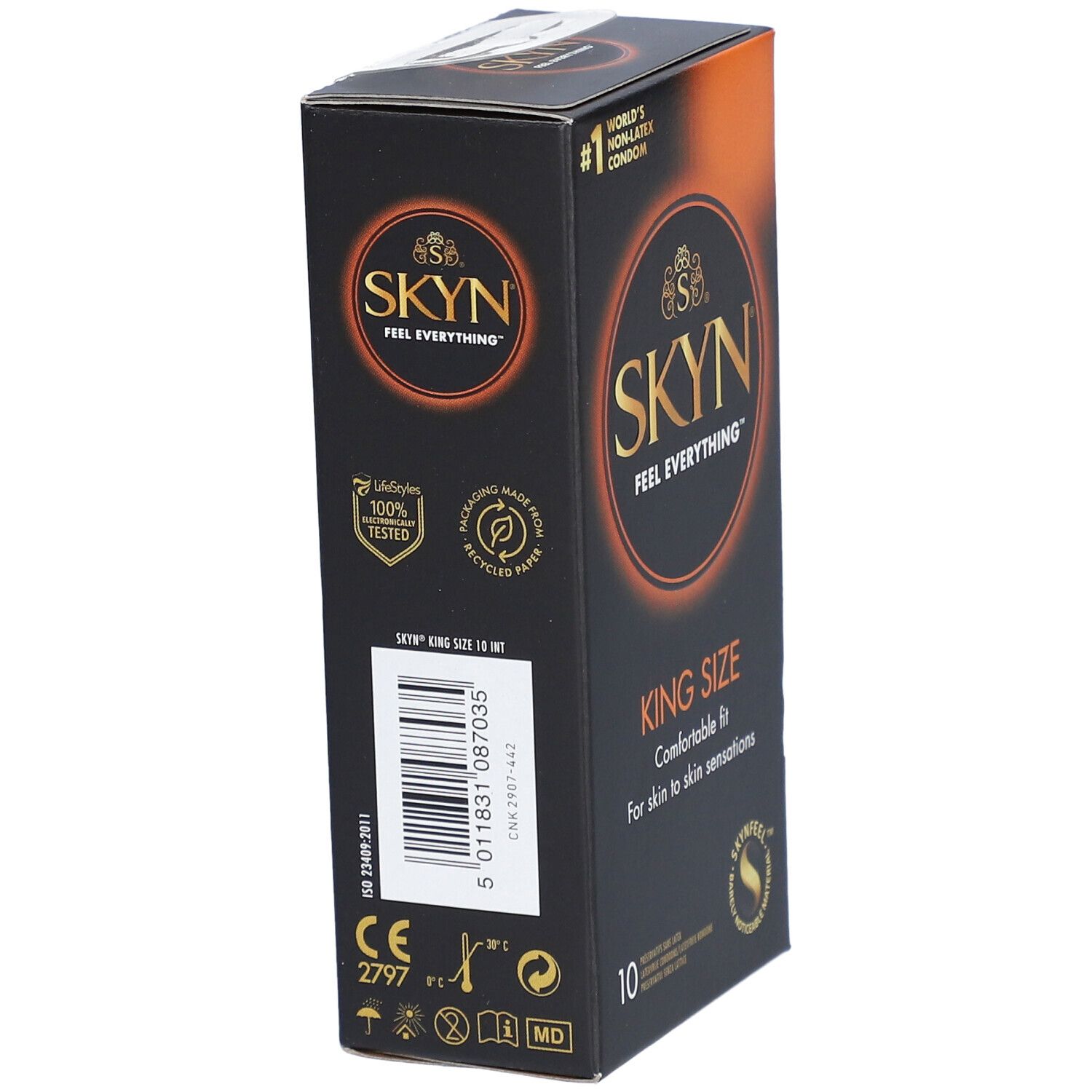 Vue latérale de la boîte noire SKYN. Texte: "KING SIZE", "10", et logos. Code-barres et certifications visibles.