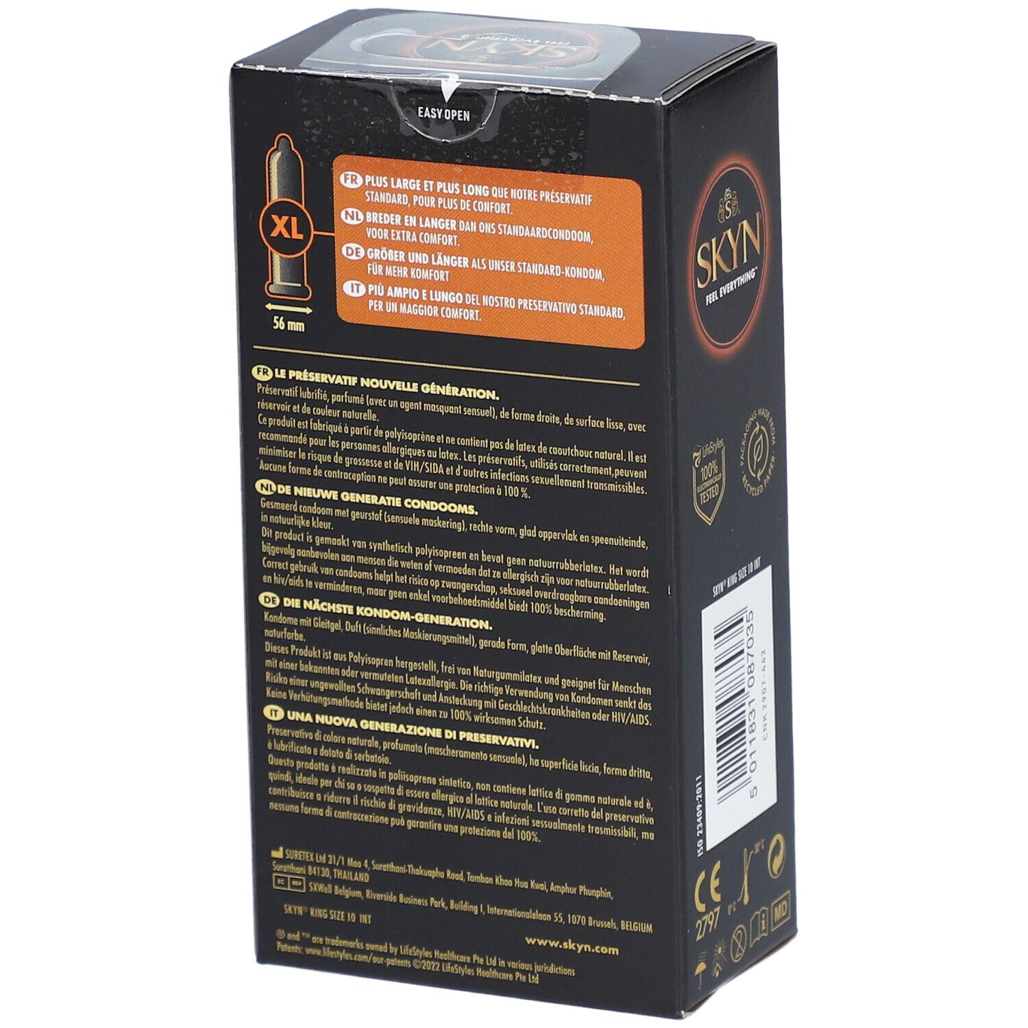 Dos de la boîte noire SKYN. Texte multilingue, dont "XL" et "56 mm". Informations sur le produit.