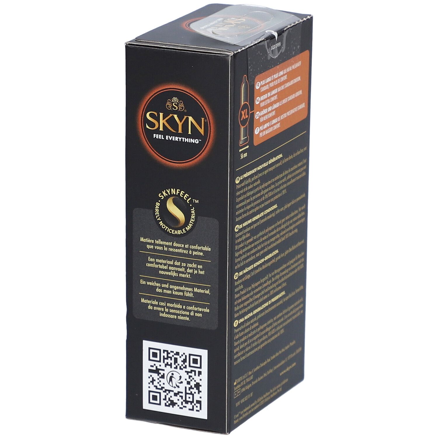 Vue latérale de la boîte noire SKYN. Texte et logos, dont "SKYNFEEL". Code QR et informations produit.