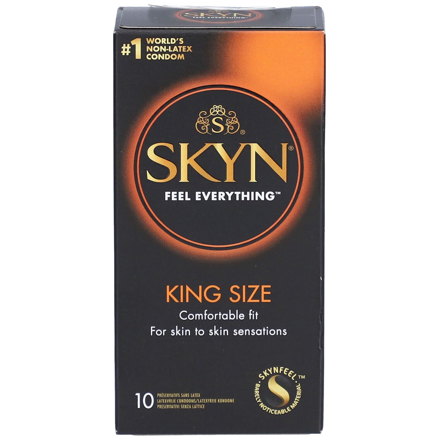 Vue de face de la boîte noire SKYN. Texte: "KING SIZE", "10", et "WORLD'S NON-LATEX CONDOM". Logo SKYN.