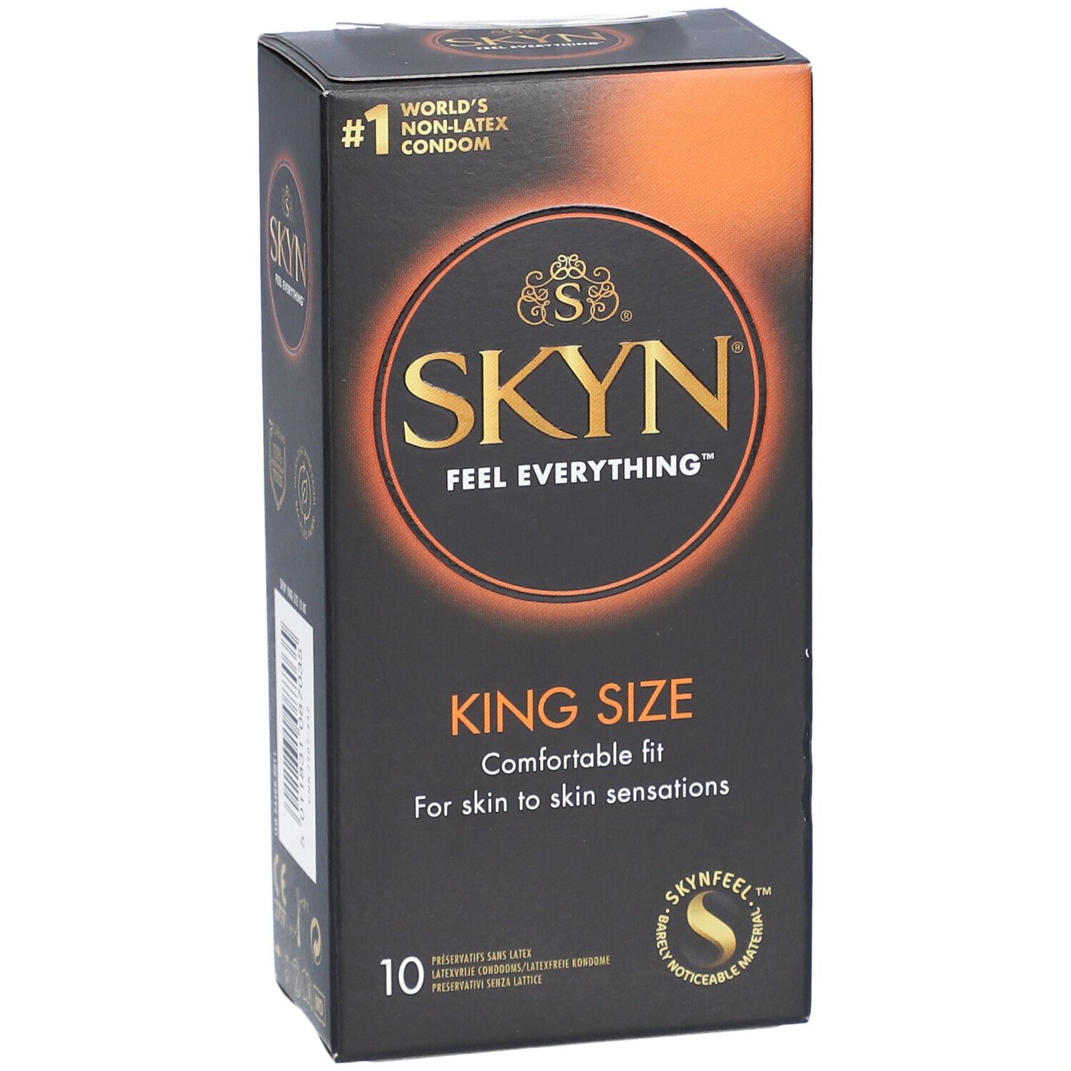 Vue de face de la boîte noire SKYN. Texte: "KING SIZE", "10", et "WORLD'S NON-LATEX CONDOM". Logo SKYN.