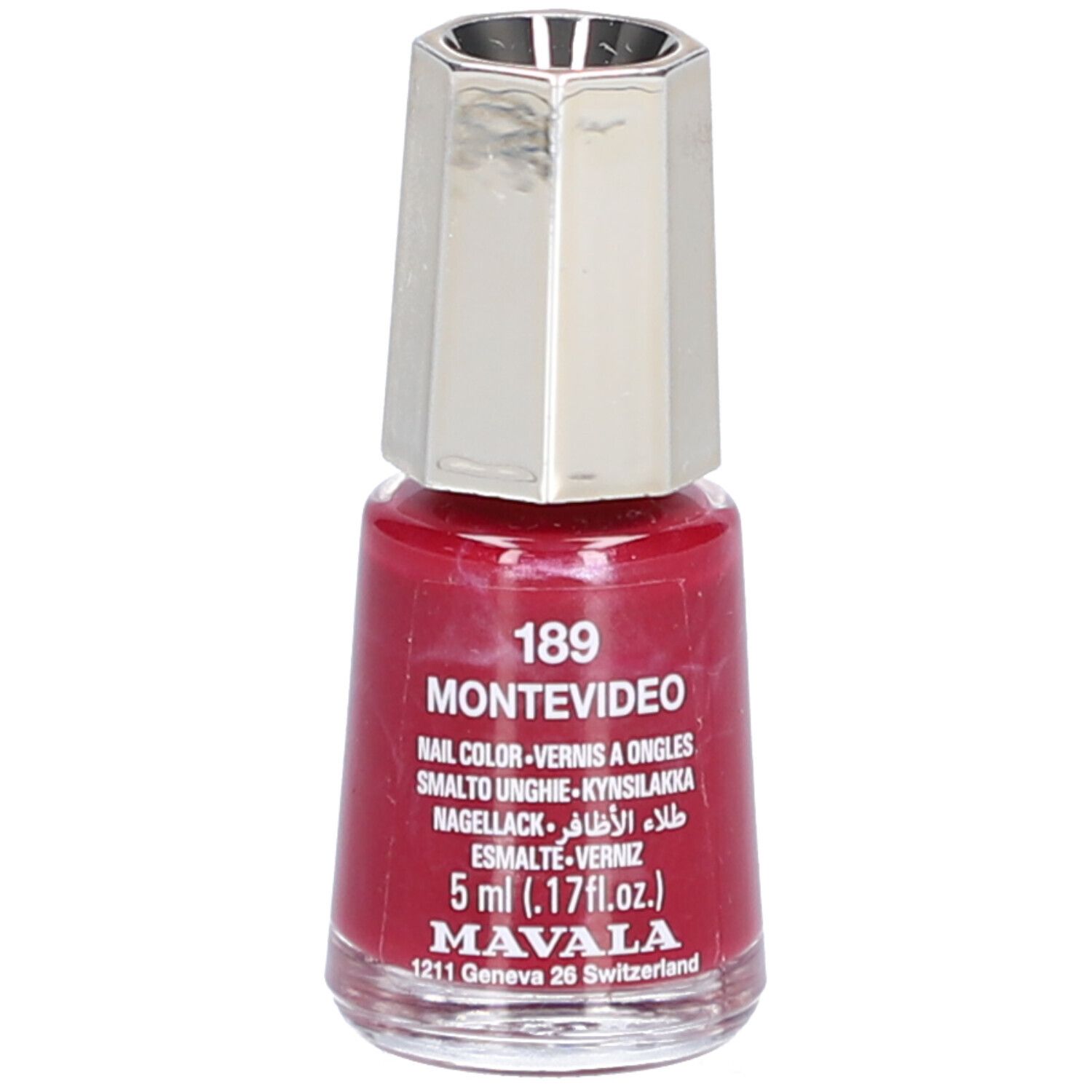 Nagellackflasche, rot, mit silberfarbenem Deckel. Aufschrift: 189 MONTEVIDEO, Nail Color, 5 ml. Marke: MAVALA.