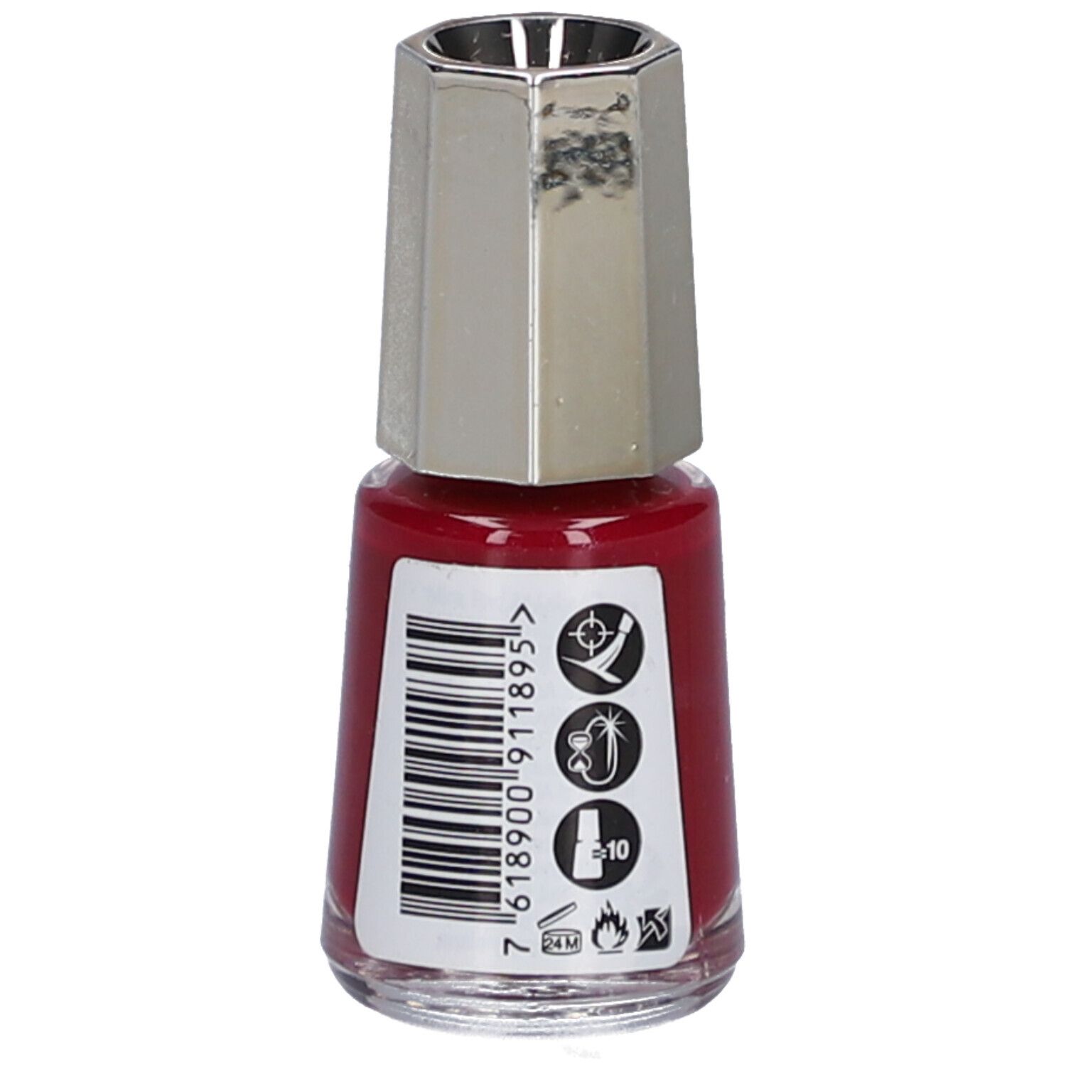Rote Nagellackflasche mit silberfarbenem Deckel. Rückseite mit Barcode und Symbolen. Marke: MAVALA.