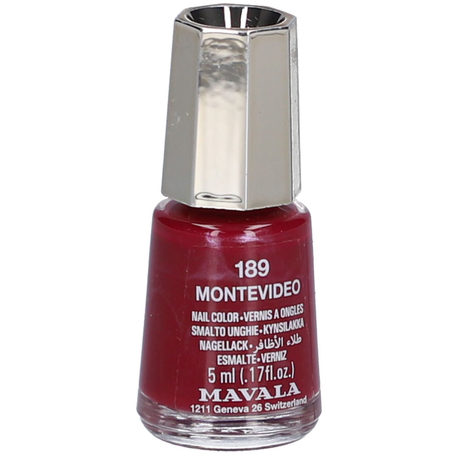 Nagellackflasche, rot, mit silberfarbenem Deckel. Aufschrift: 189 MONTEVIDEO, Nail Color, 5 ml. Marke: MAVALA.