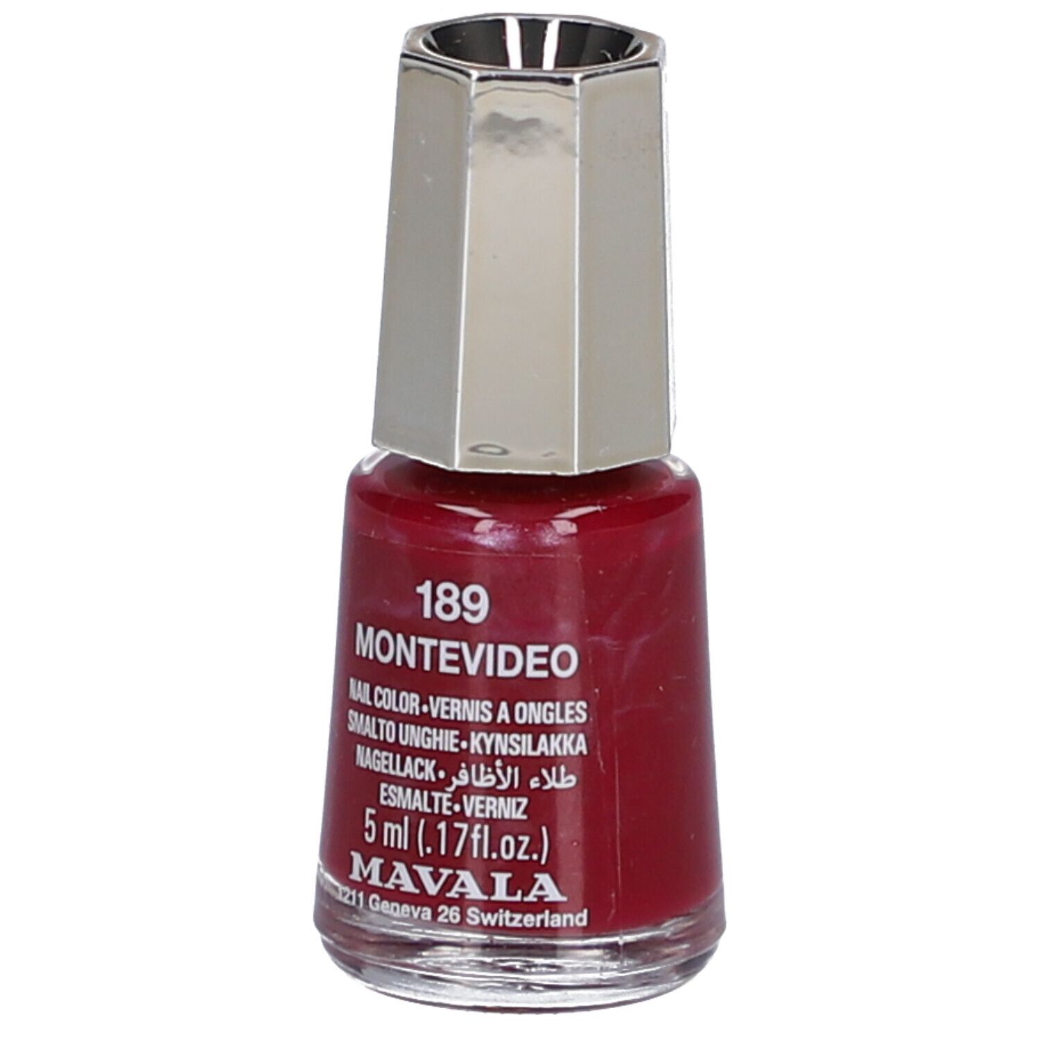 Nagellackflasche, rot, mit silberfarbenem Deckel. Aufschrift: 189 MONTEVIDEO, Nail Color, 5 ml. Marke: MAVALA.