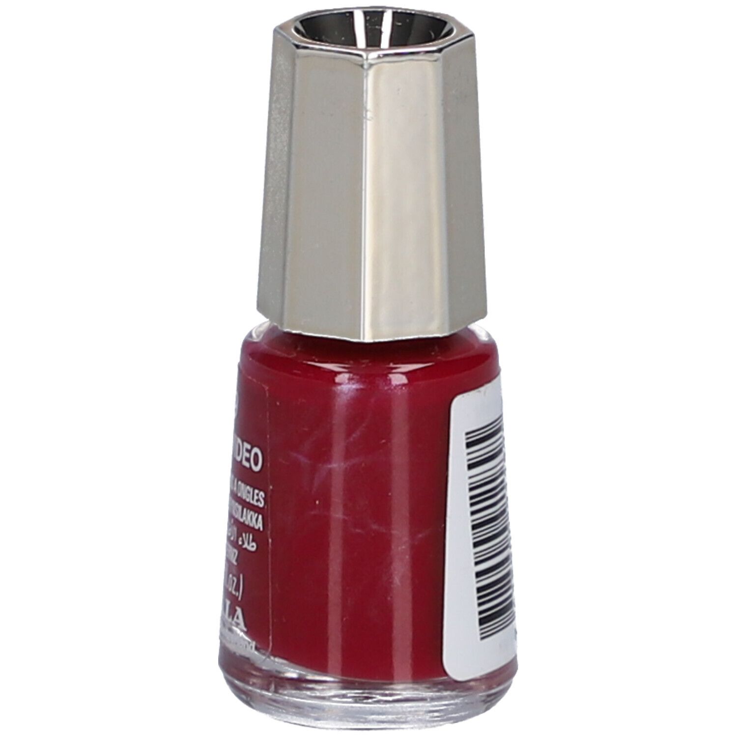 Rote Nagellackflasche mit silberfarbenem Deckel. Auf der Seite Barcode und Text. Marke: MAVALA.