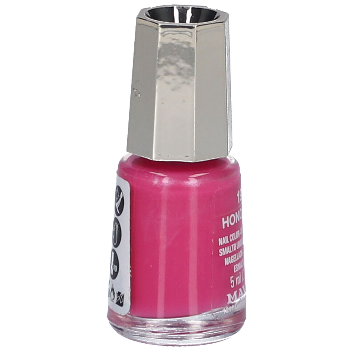 Nagellackflasche, pinke Farbe. Silberfarbener Deckel. Aufschrift: 190 HONOLULU, Nail Color, 5 ml. Marke: MAVALA.